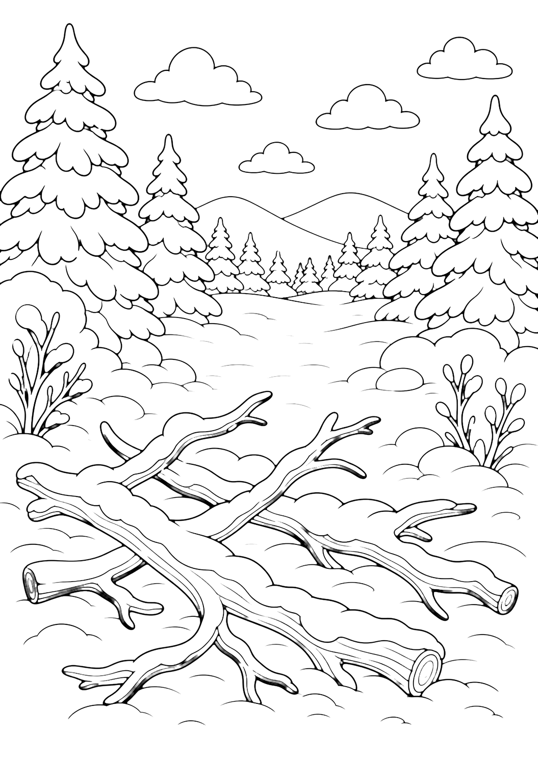 Coloriage avec une forêt enneigée avec branches tombées dans une forêt enneigée, des contours nets, de larges formes de neige, des arbres, des collines et un ciel d'hiver. Idéal pour enfants, thèmes d'hiver, impression et coloriage en ligne.