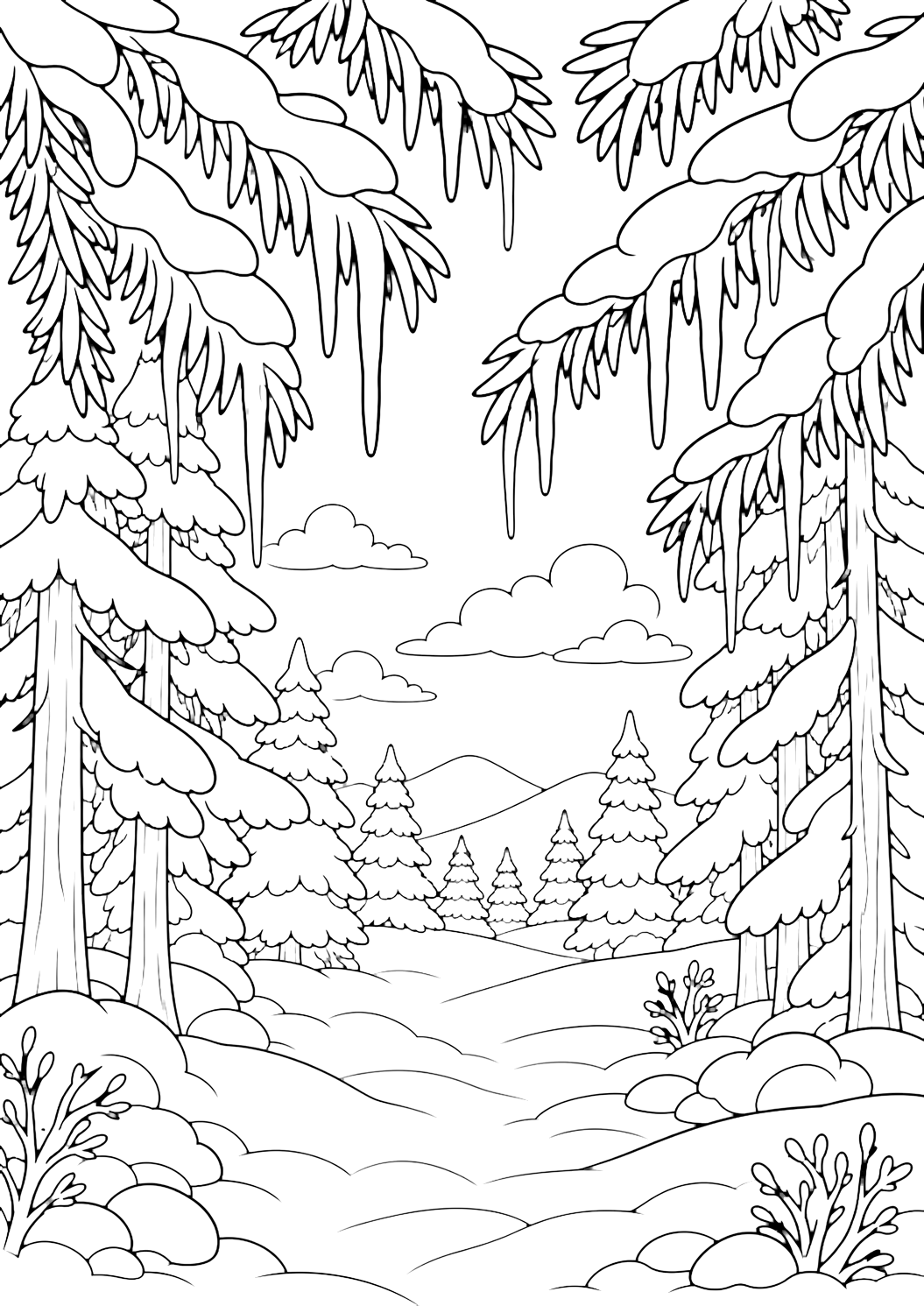 snowy forest icicle branches coloring page with a snowy forest with close overhead evergreen branches holding simple icicles and rounded snow caps, tall fir trunks below, soft snowbanks on the forest floor, distant winter trees and hills, and open sky for kids
