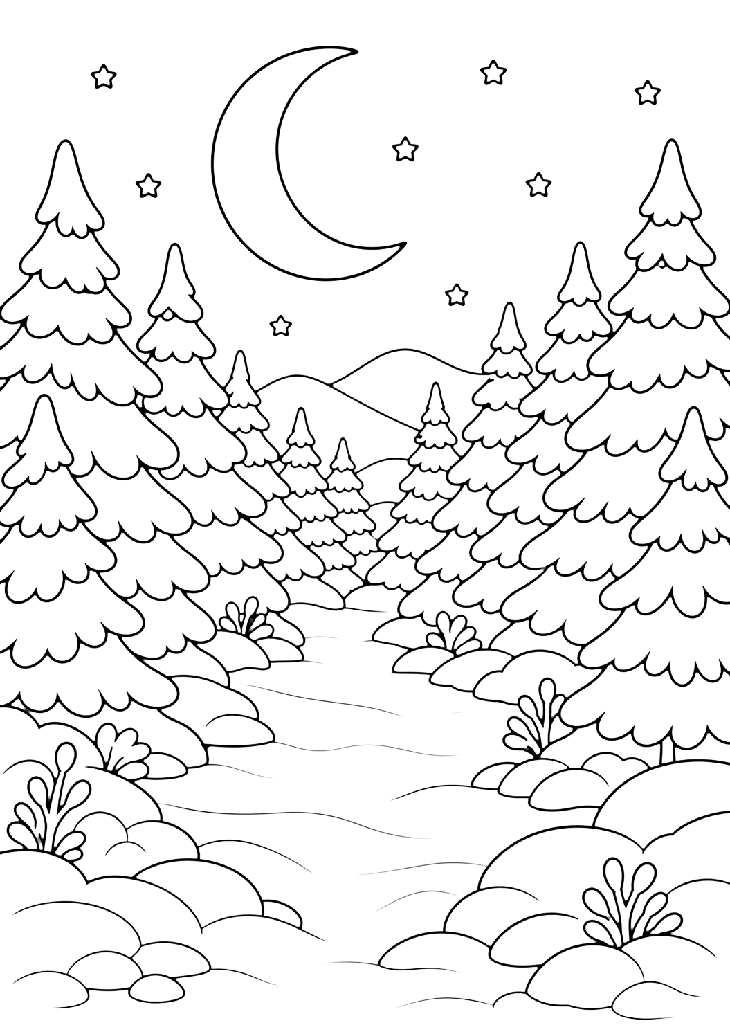 Dibujo para colorear con un bosque nevado con abetos nevados a la luz de la luna, contornos limpios, formas amplias de nieve, árboles, colinas y cielo de invierno. Ideal para niños, invierno, impresión y coloreado online.