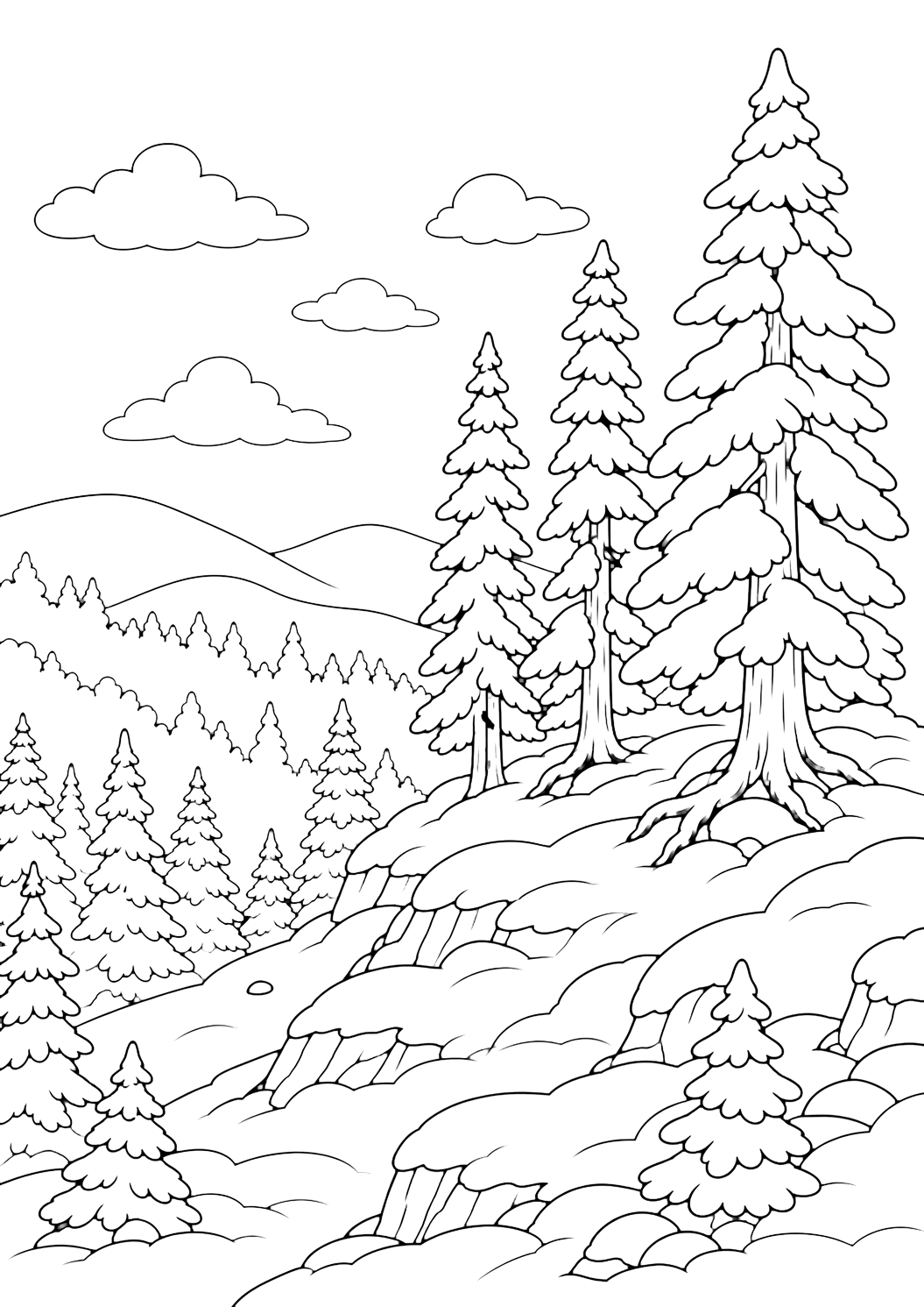 snowy forest ridge coloring page with a snowy forest ridge with tall evergreen trees standing along a gentle raised ridge, layered snowbanks stepping down the slope, simple tree roots partly covered by snow, distant forest silhouettes, winter hills, and open sky for kids