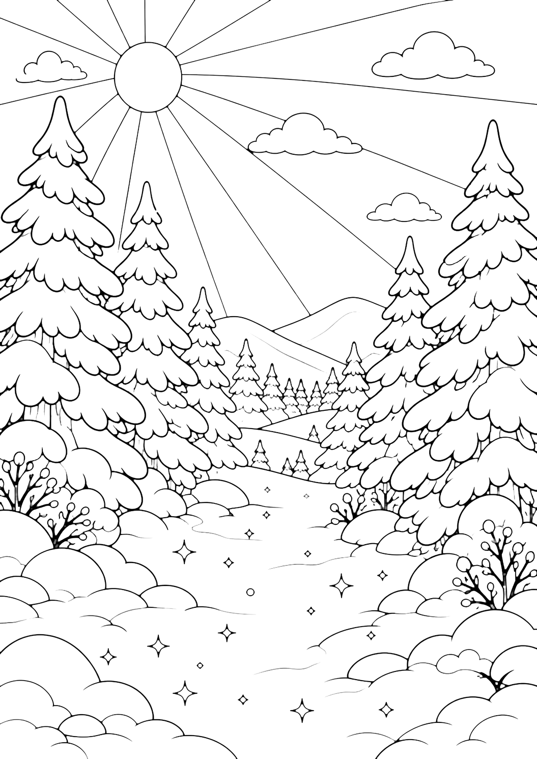 snowy forest sunbeams coloring page with a snowy forest with wide sunbeam lines entering between tall evergreen trees, bright open sky, snow pillows on branches, rounded snowbanks, simple sparkling snow shapes on the ground, distant winter hills, and a calm forest opening for kids