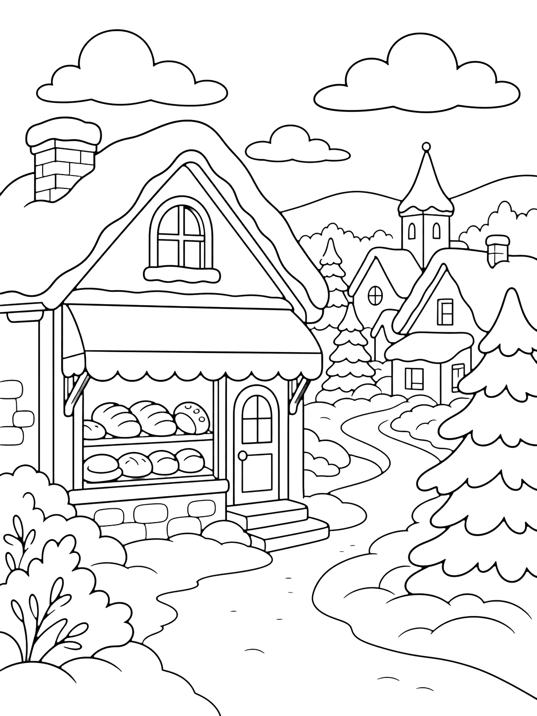 Disegno da colorare con una panetteria in un villaggio innevato con una tenda vuota, forme rotonde di pane visibili in una finestra, tetti coperti di neve, un sentiero curvo, sempreverdi, cumuli di neve e colline lontane. Adatto a bambini, inverno, stampa e colorazione online.