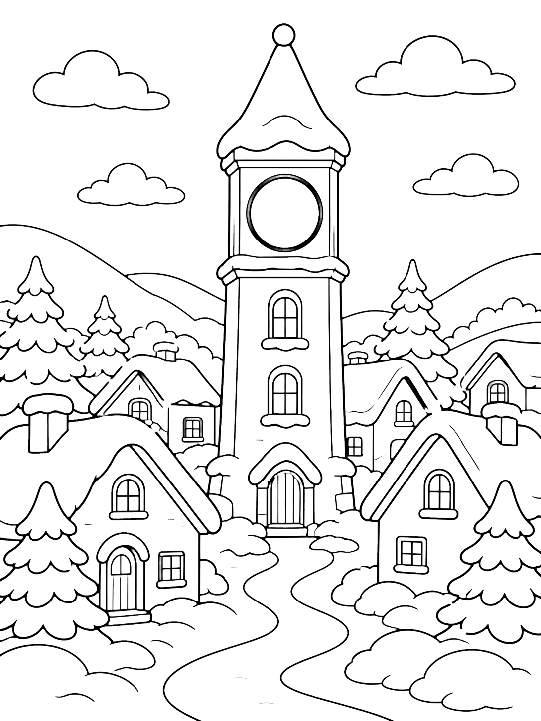 Coloriage avec une tour de l'horloge dans un village enneigé avec un cadran vide, de petites maisons autour, des toits couverts de neige, des pins, des congères arrondies, un chemin simple et de douces collines d'hiver. Idéal pour enfants, thèmes d'hiver, impression et coloriage en ligne.