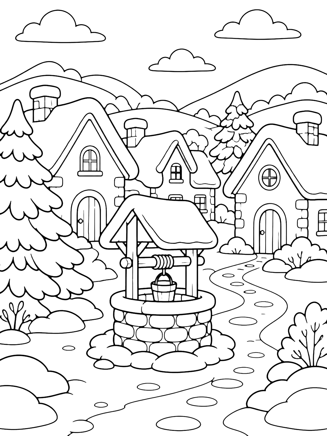 Disegno da colorare con un pozzo coperto in un villaggio innevato in un piccolo cortile, con un pozzo rotondo di pietra e tetto semplice, case innevate intorno, pini, cumuli arrotondati, un sentiero sinuoso e colline lontane. Adatto a bambini, inverno, stampa e colorazione online.