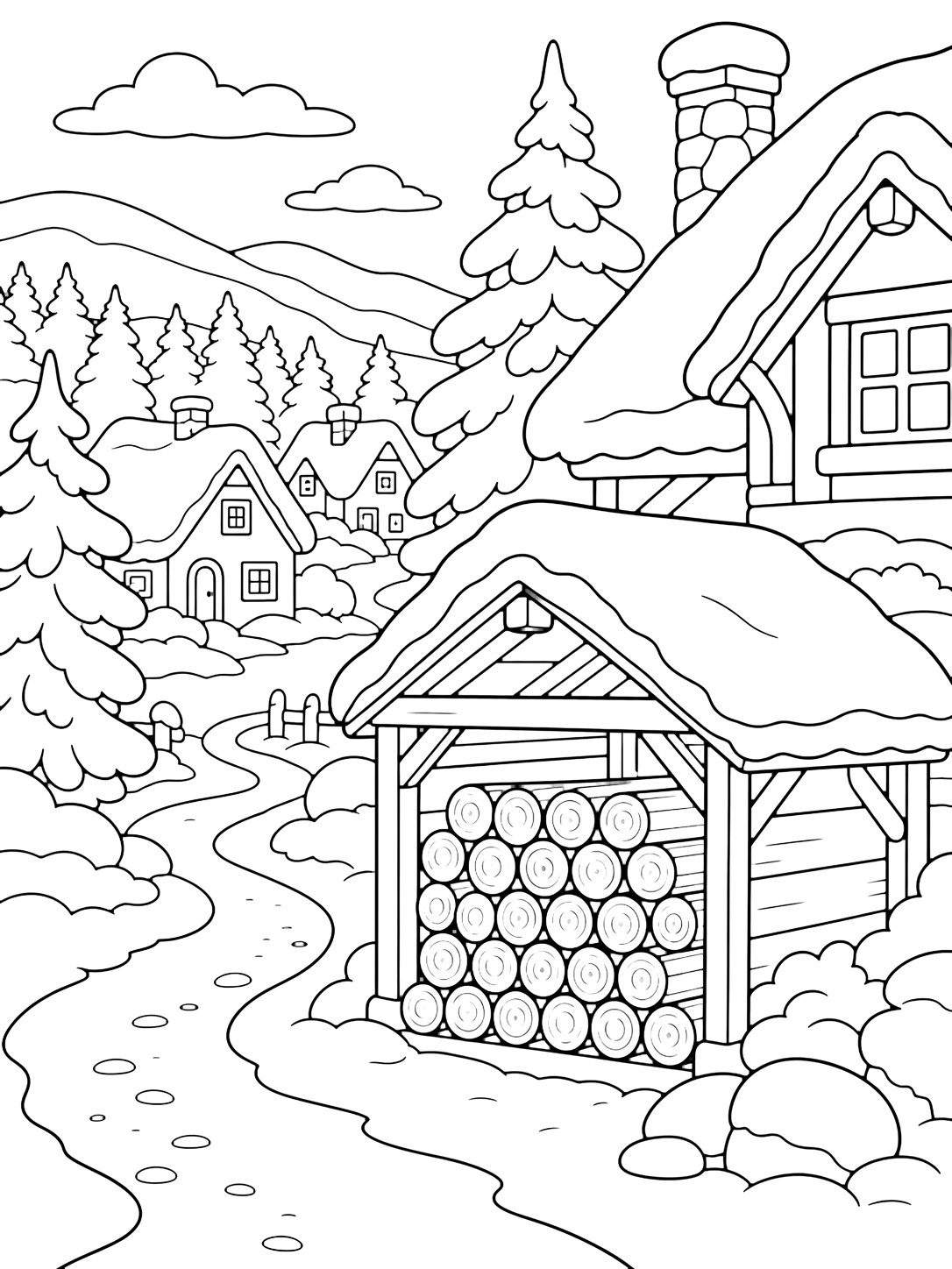 Disegno da colorare con una legnaia in un villaggio innevato accanto a una casa accogliente, con tronchi rotondi ordinati, tetto coperto di neve, pini, cumuli arrotondati, un sentiero sinuoso, piccole case sullo sfondo e colline invernali lontane. Adatto a bambini, inverno, stampa e colorazione online.