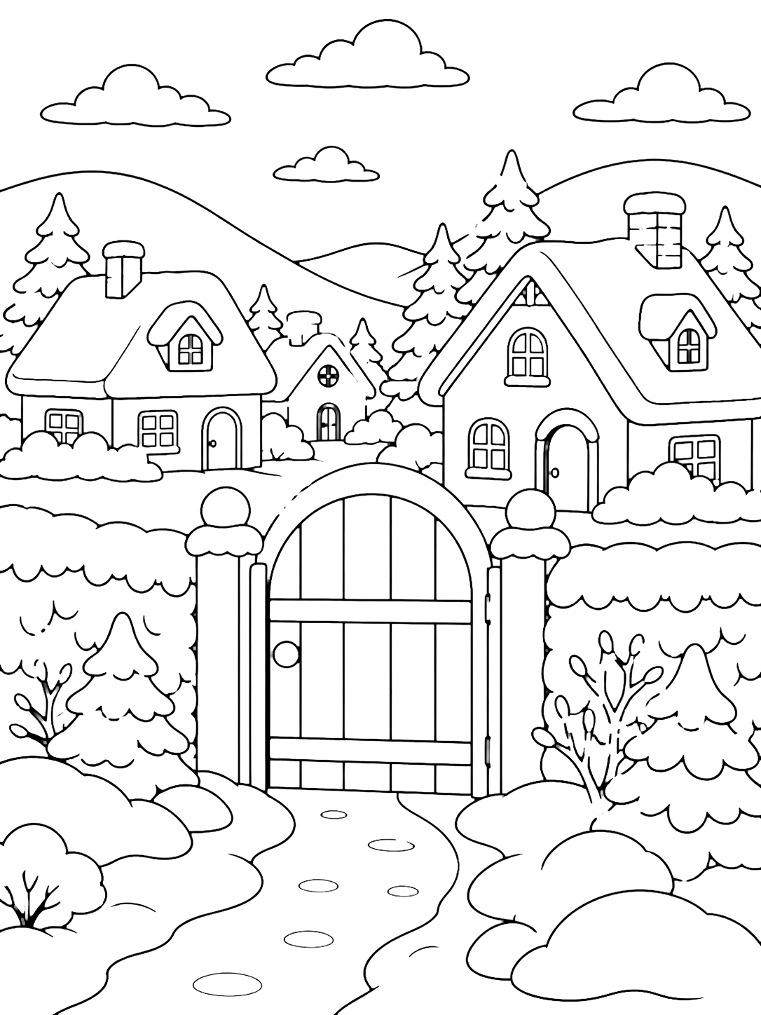 Disegno da colorare con un cancello del giardino in un villaggio innevato al margine del paese, con un semplice cancello di legno ad arco, siepi coperte di neve, piccole case dietro, pini, cumuli arrotondati, un sentiero curvo e colline invernali. Adatto a bambini, inverno, stampa e colorazione online.