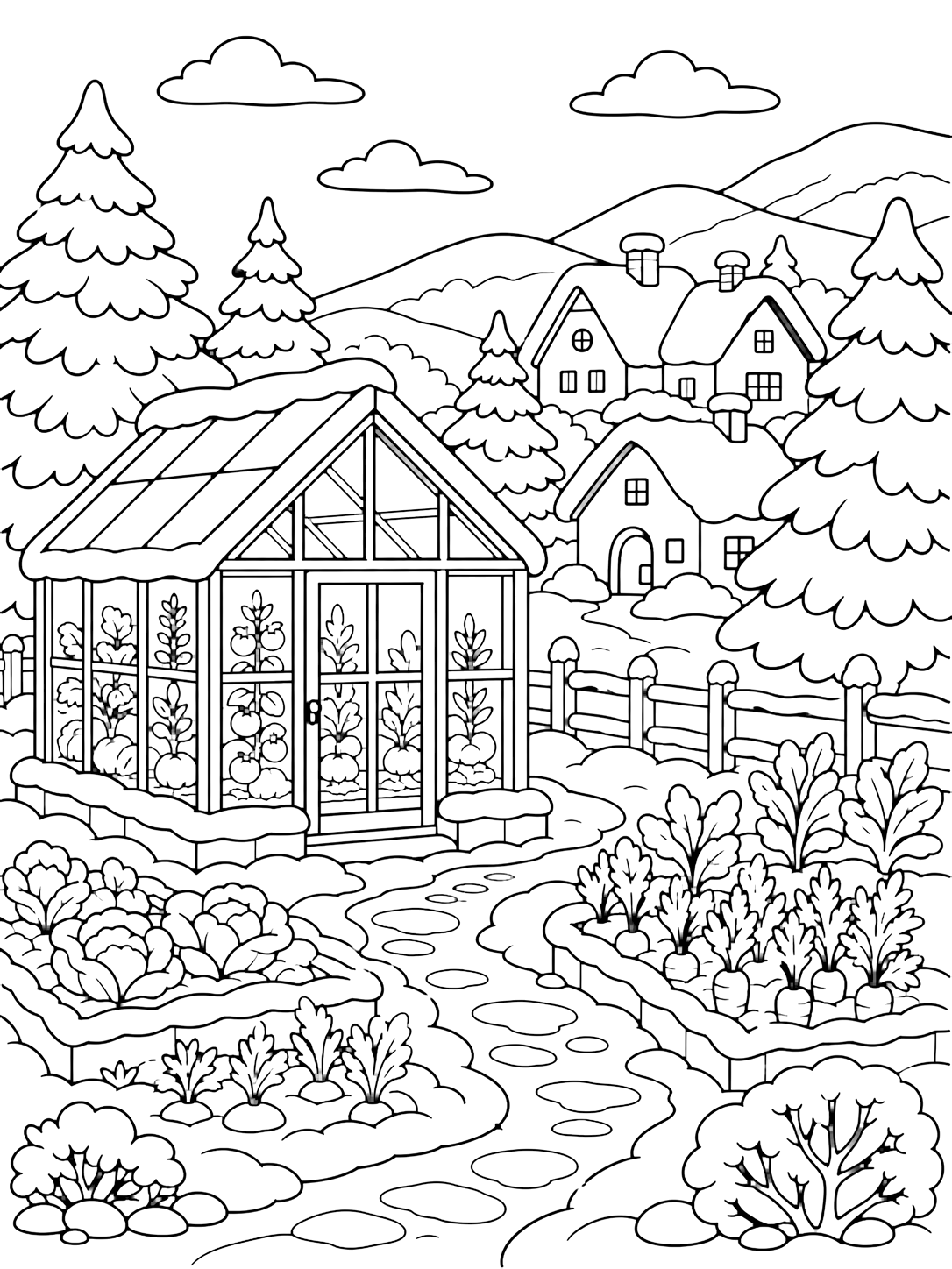 Ausmalbild mit ein Gewächshausgarten in einem verschneiten Dorf mit kleinem Glasgewächshaus, schneebedeckten Gemüsebeeten, Dorfhäusern dahinter, Kiefern, runden Schneebänken, einem gewundenen Weg und fernen Winterhügeln. Geeignet für Kinder, Winterthemen, Ausdrucke und Online-Ausmalen.