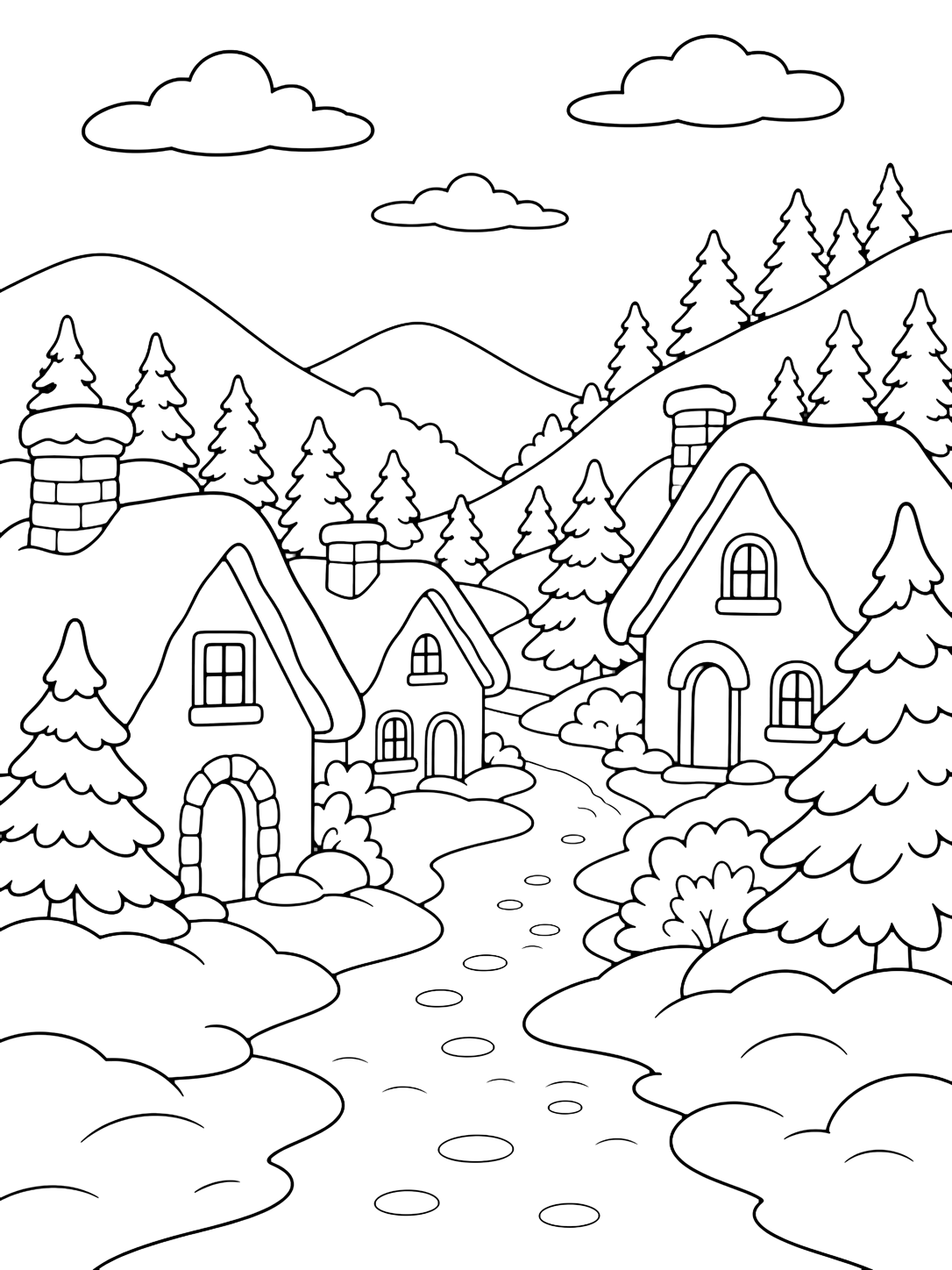 Dibujo para colorear con un camino de montaña en una aldea nevada pasa entre pequeñas casas hacia colinas cubiertas de pinos, con tejados nevados, bancos de nieve redondeados, chimeneas sencillas, árboles perennes y amplio cielo de invierno. Ideal para niños, invierno, impresión y coloreado online.