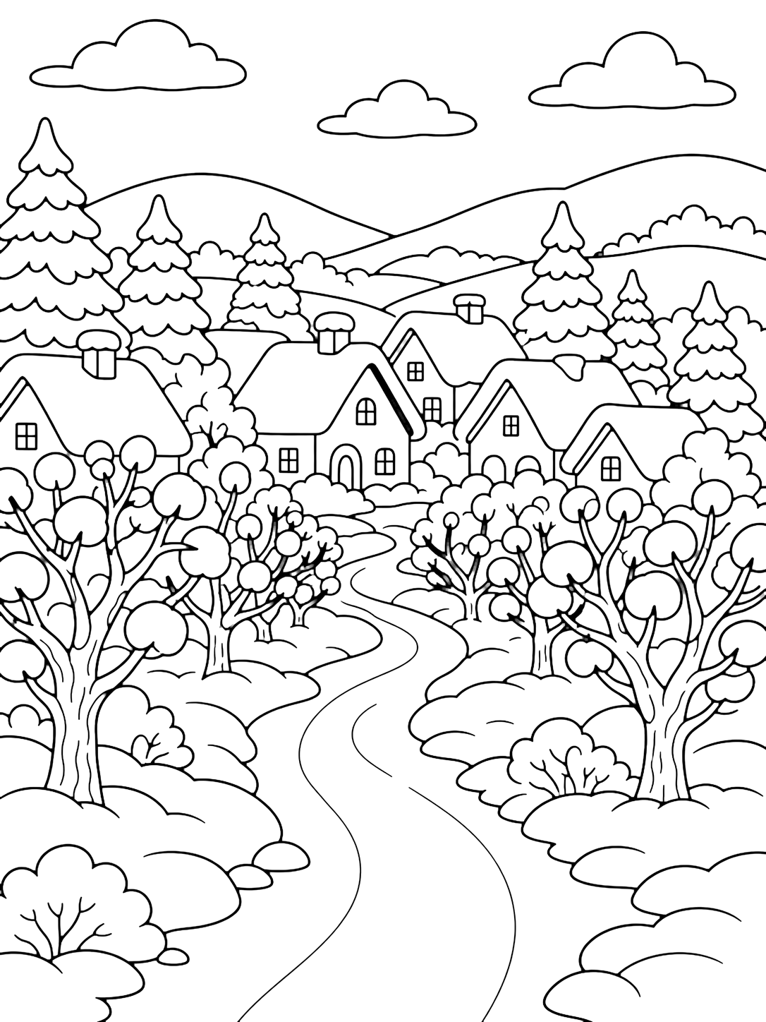 Dibujo para colorear con un sendero de huerto en una aldea nevada con árboles frutales desnudos que sostienen montones redondos de nieve, pequeñas casas más allá del huerto, tejados nevados, un camino sinuoso, bancos de nieve redondeados, pinos y colinas invernales lejanas. Ideal para niños, invierno, impresión y coloreado online.