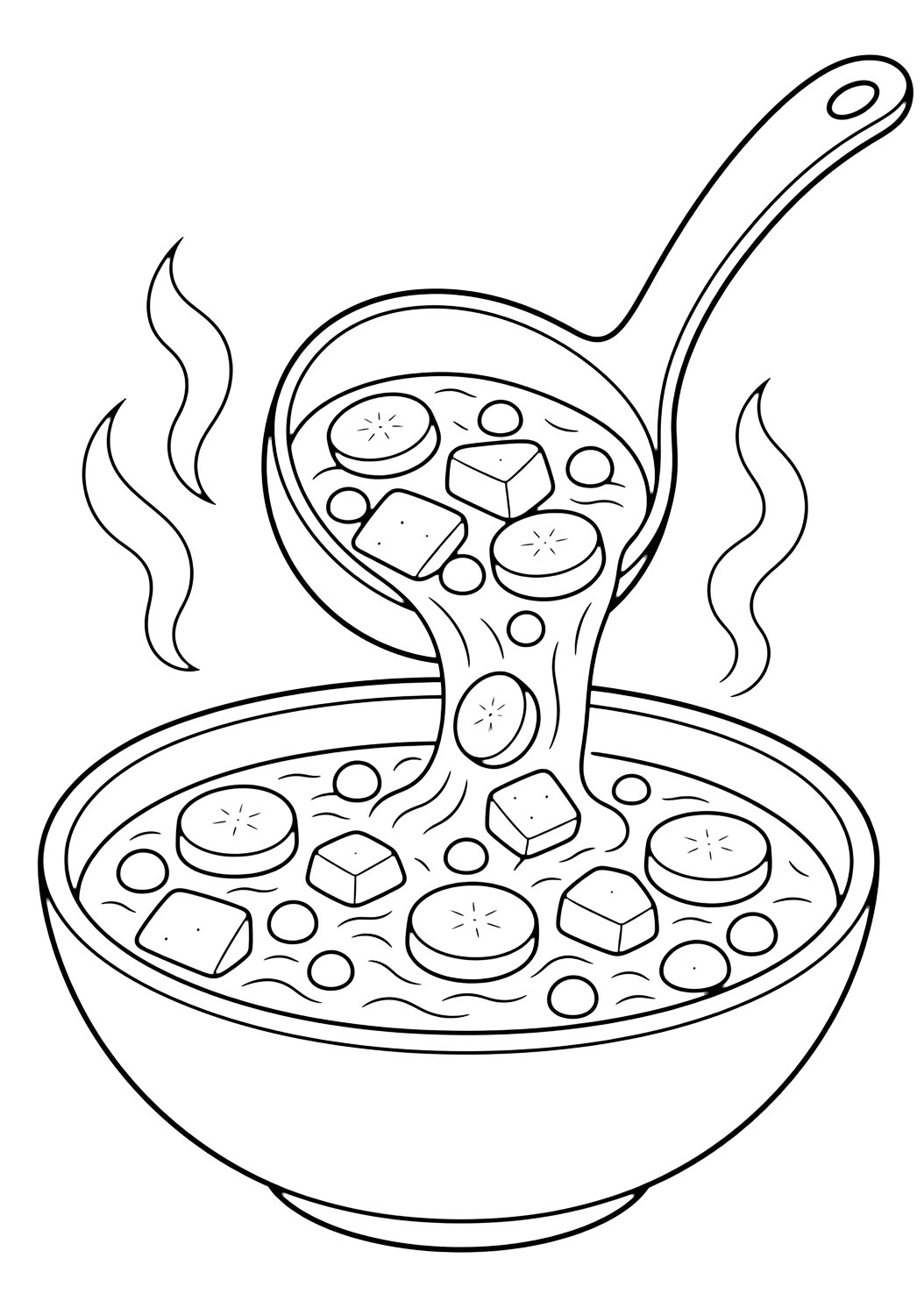 Página de sopa para colorear con un cucharón grande que vierte sopa en un cuenco con rodajas de zanahoria, cubos de papa, guisantes, algunos fideos y líneas de vapor. Ideal para niños, imprimir y colorear online.
