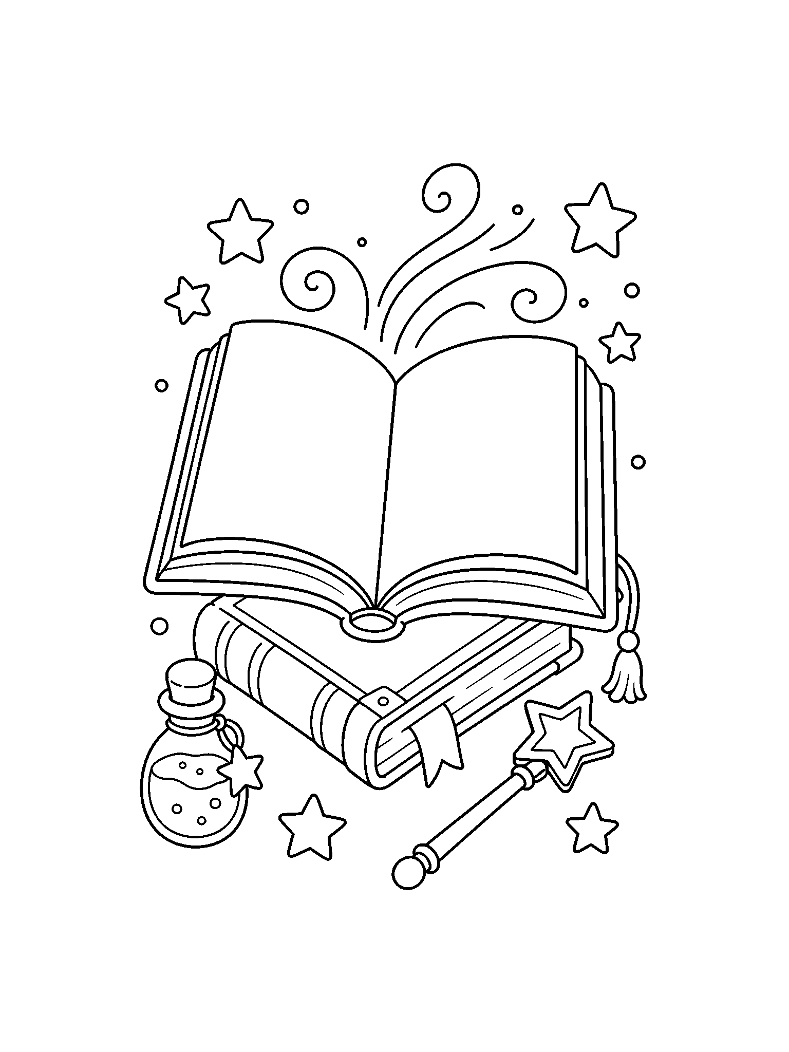 Картинка за оцветяване с книга със заклинания: голяма отворена книга със заклинания с празни страници, затворена книга отдолу, пръчка, малка бутилка с отвара, звезди и меки магически спирали. Подходяща за деца, принтиране, изтегляне и онлайн оцветяване.