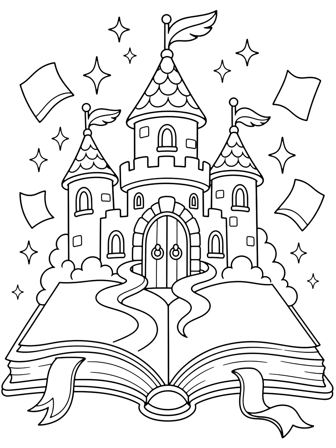 Castello magico sul libro degli incantesimi da colorare