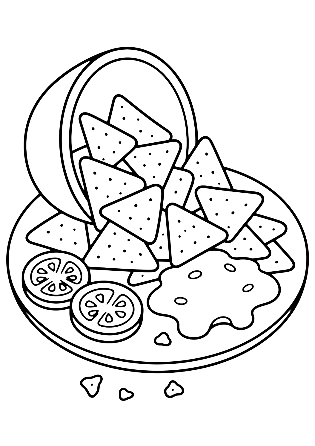 Snack-Ausmalbild mit eine umgekippte kleine Schale, aus der dreieckige Nacho-Chips auf einen einfachen Teller fallen, mit etwas Käsedip, zwei Tomatenkreisen und Krümeln. Geeignet für Kinder, Ausdrucke und Online-Ausmalen.