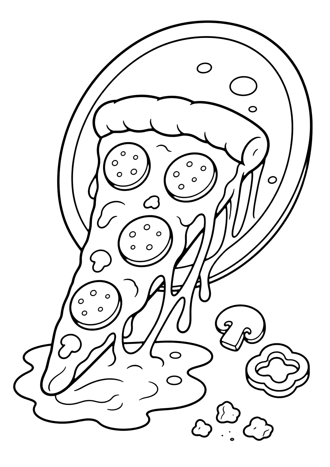 Disegno di snack da colorare con una fetta di pizza che scivola da un piatto inclinato, con fili di formaggio, pepperoni rotondi, una pozzetta di salsa, condimenti sparsi e briciole. Adatto a bambini, stampa e colorazione online.