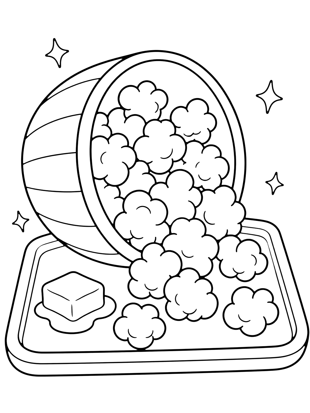 Disegno di popcorn da colorare con una ciotola inclinata che rovescia grandi popcorn soffici su un vassoio semplice, con un pezzetto di burro e qualche dettaglio scintillante. Adatto a bambini, stampa e colorazione online.