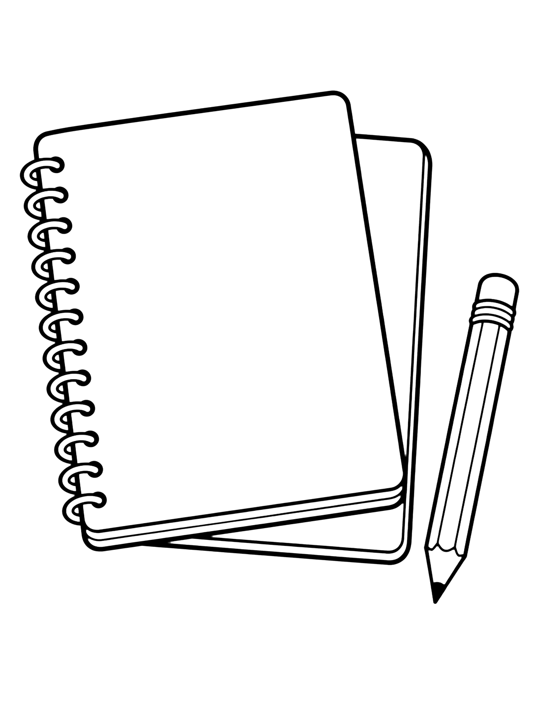 Dibujo para colorear con el motivo «cuadernos apilados» con un cuaderno claro, formas escolares grandes y mucho espacio libre. Ideal para niños, actividades escolares, impresión y coloreado online.