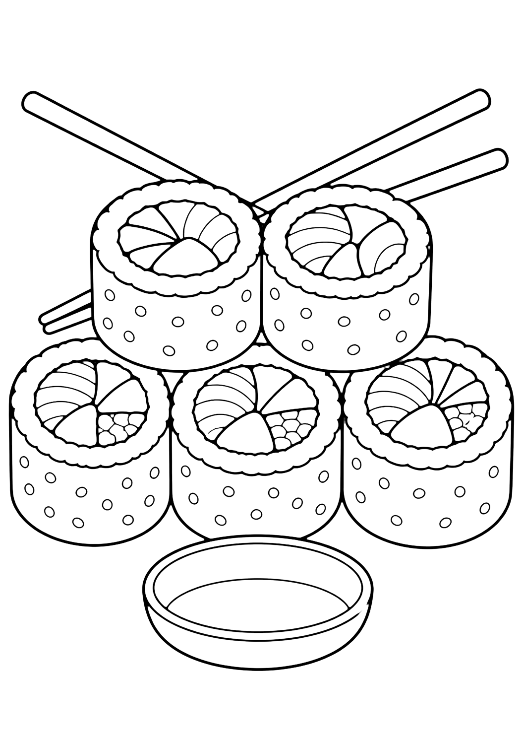 stacked sushi rolls coloring page with simple sushi line art for kids