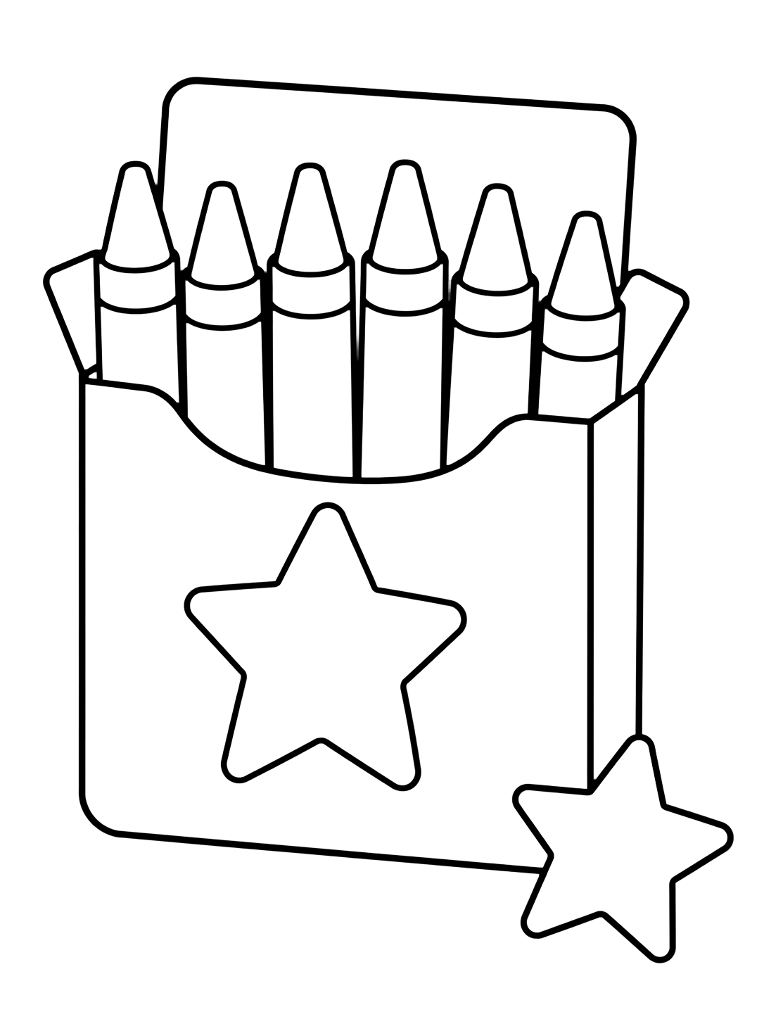 Coloriage avec le motif « boîte de crayons avec étoile » avec de grands crayons, une boîte vide et des détails créatifs simples. Idéal pour enfants, rentrée scolaire, impression et coloriage en ligne.