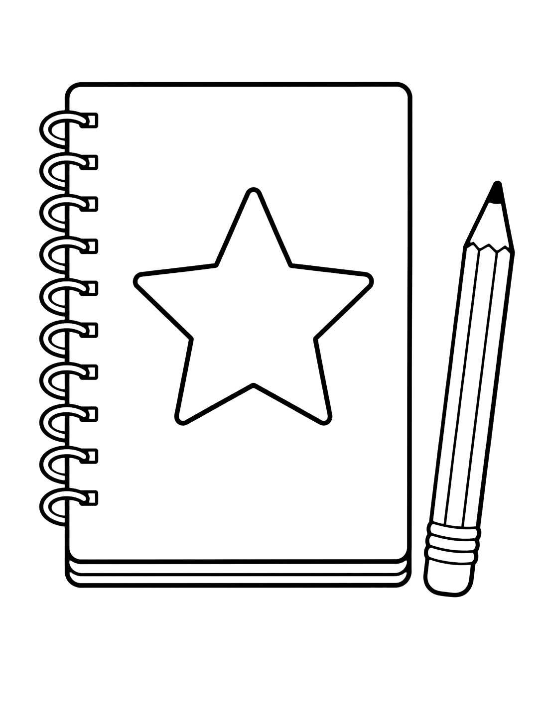 Dibujo para colorear con el motivo «cuaderno con estrella» con un cuaderno claro, formas escolares grandes y mucho espacio libre. Ideal para niños, actividades escolares, impresión y coloreado online.