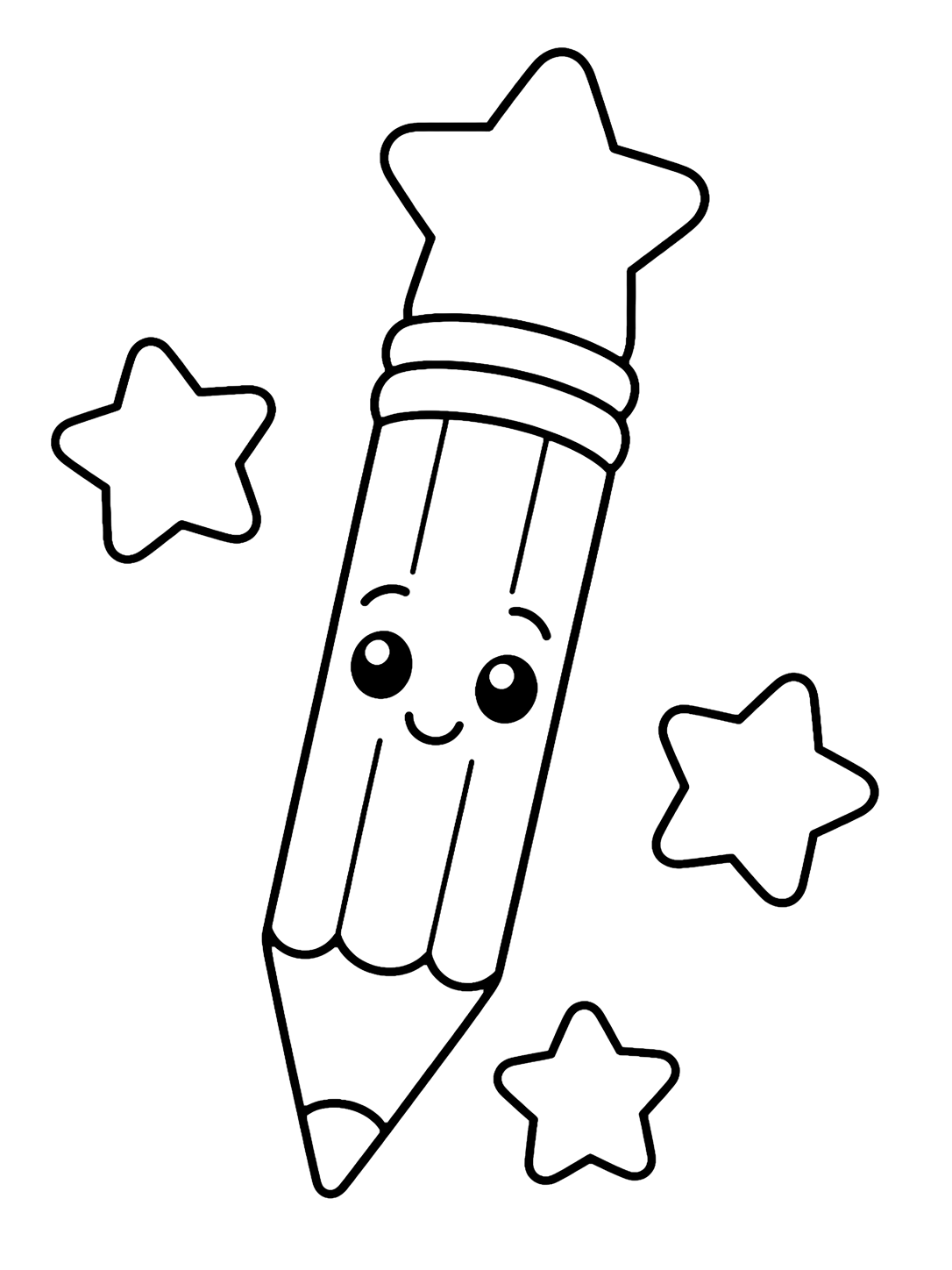 Coloriage avec le motif « crayon avec étoile » avec un grand crayon et des détails scolaires simples. Idéal pour enfants, rentrée scolaire, impression et coloriage en ligne.