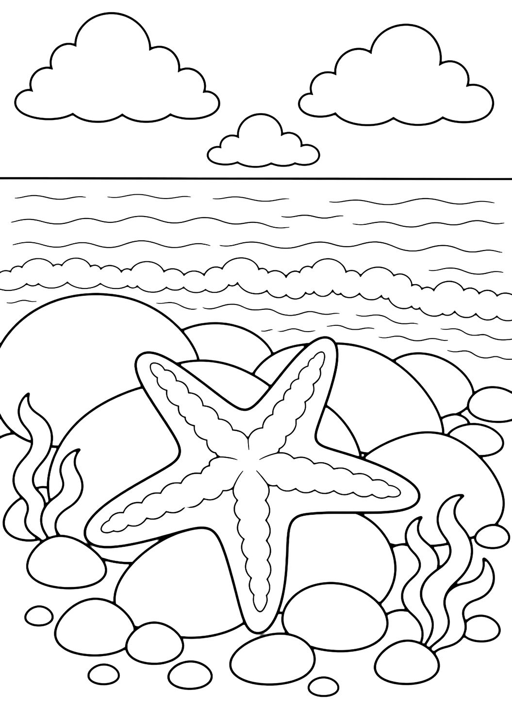 a starfish on a rocky shore coloring page with one large five-armed starfish resting among broad shore rocks, with a few smooth pebbles, small seaweed ribbons, a simple ocean horizon, gentle waves, broad clouds, and open sky for kids