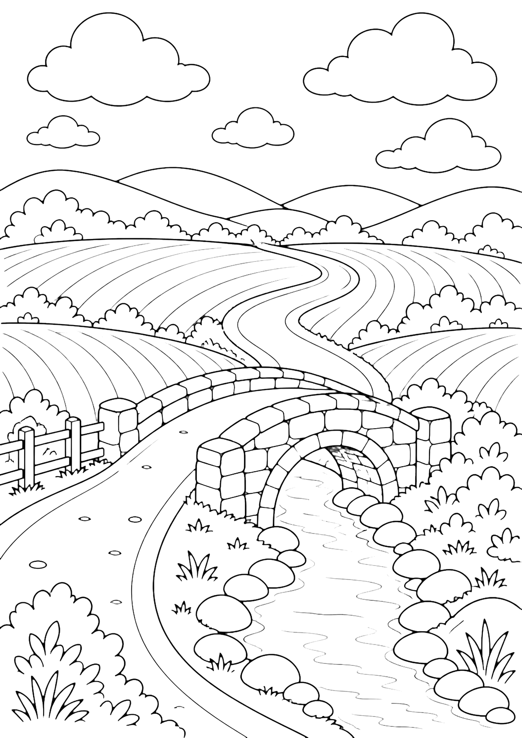 Dibujo para colorear de camino rural con un camino rural que cruza un pequeño puente de piedra sobre un arroyo estrecho, piedras lisas junto al agua, arbustos sencillos, colinas bajas, nubes amplias y cielo abierto. Ideal para niños, paisajes, impresión y coloreado online.
