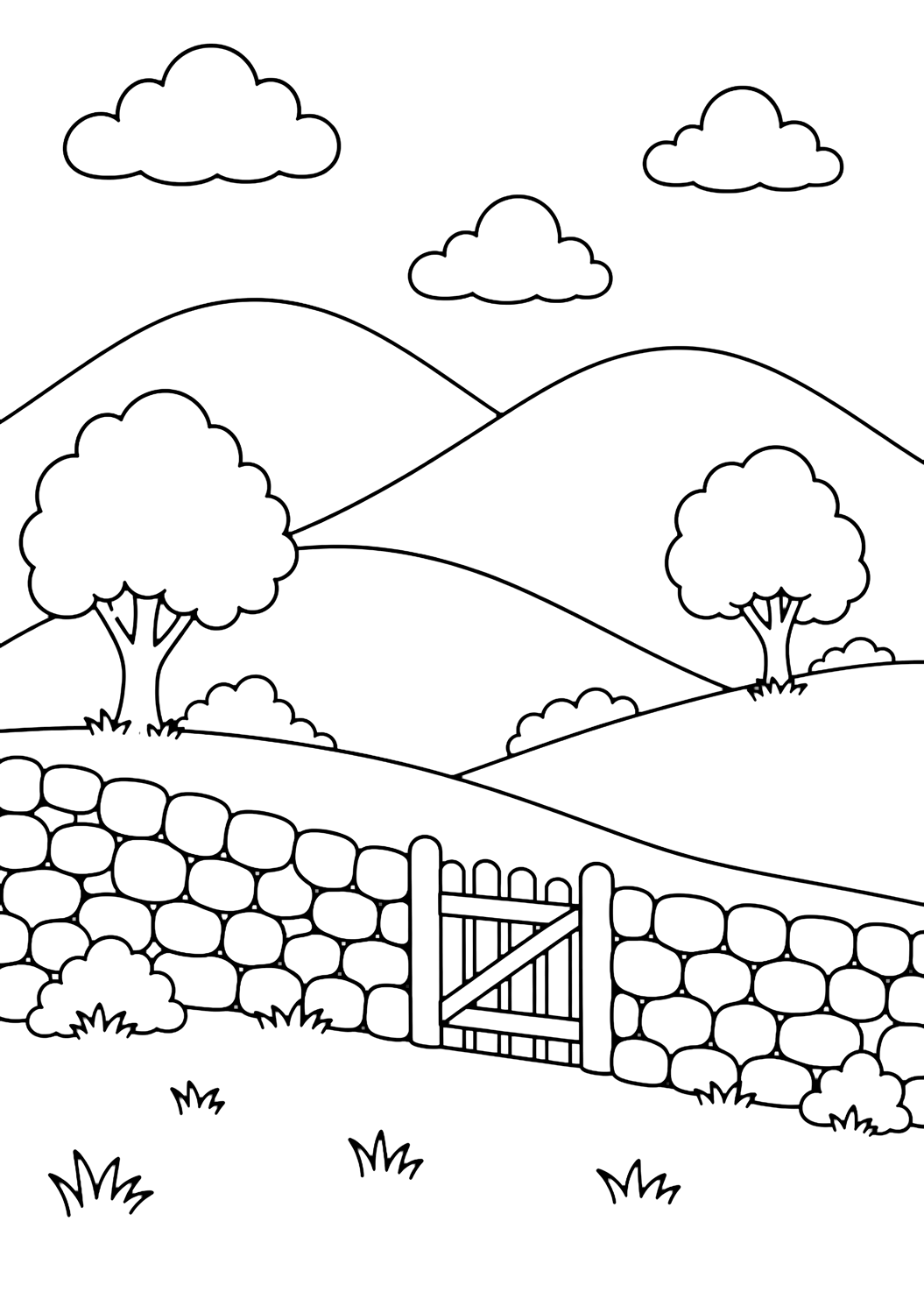 Coloriage de collines douces avec un muret de pierre qui suit la courbe d'une colline douce, une petite ouverture avec portail, deux arbres simples, trois grandes collines rondes au fond, quelques nuages et un ciel ouvert. Idéal pour enfants, nature, impression et coloriage en ligne.