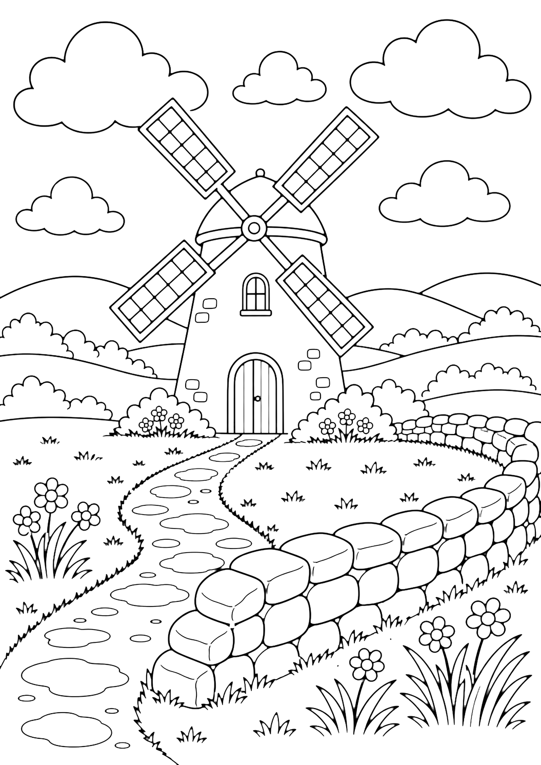 Dibujo para colorear de molino con un molino detrás de un muro bajo de piedra, un camino sencillo hacia la puerta, plantas de pradera, colinas bajas y redondeadas, nubes amplias y cielo abierto. Ideal para niños, paisajes, impresión y coloreado online.