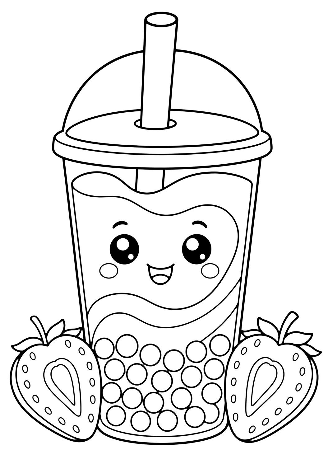 Disegno di bevanda da colorare con un grande bicchiere di bubble tea alla fragola con coperchio a cupola, cannuccia larga, perle di tapioca, onde di tè al latte, faccina sorridente e due grandi fragole tagliate. Adatto a bambini, stampa e colorazione online.