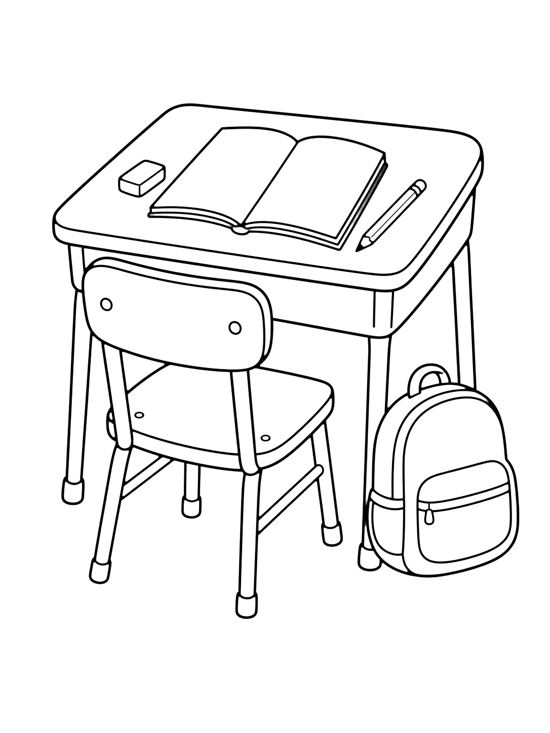 student desk coloring page with one classroom student desk and chair with a blank open notebook, pencil, eraser, and backpack beside it for kids