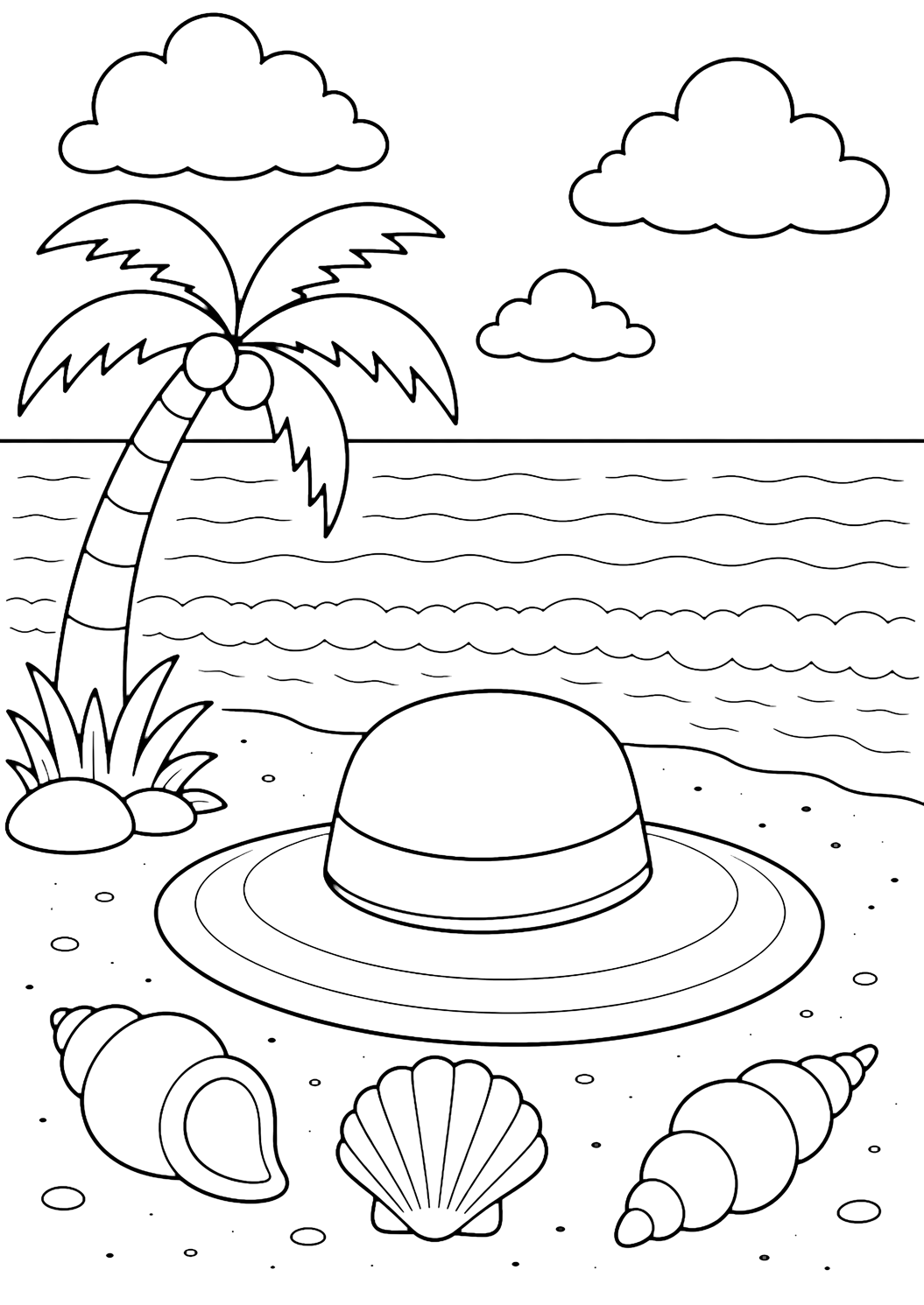 Palmenstrand-Ausmalbild mit ein breiter Sonnenhut im Sand unter einer Palme an einem Palmenstrand, mit einigen großen Muscheln, ruhigem Meereshorizont, sanften Wellenkurven, großen Wolken und weitem Himmel. Geeignet für Kinder, Sommer, Ausdrucke und Online-Ausmalen.