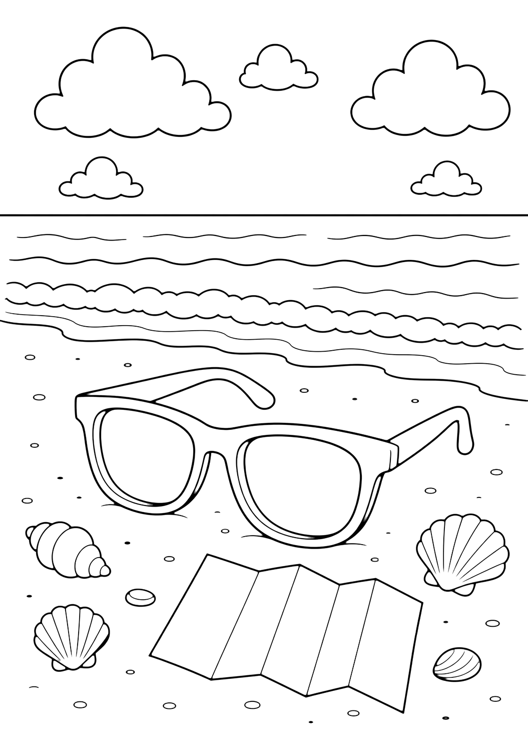 sunglasses on a sandy beach coloring page with one large pair of sunglasses resting on soft sand in the foreground, a small folded beach map shape with no markings, a few smooth shells nearby, gentle ocean waves, big rounded clouds, and open sky for kids
