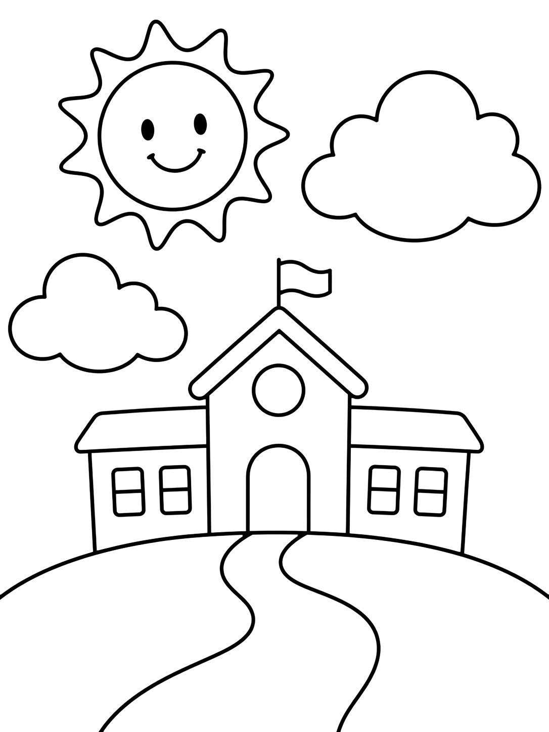 Ausmalbild mit ein kleines Schulgebäude auf einem sanften Hügel mit lächelnder Sonne, zwei großen Wolken, schlichter Fahne und einfachem geschwungenem Weg. Geeignet für Kinder, Schulstart, Ausdrucke und Online-Ausmalen.