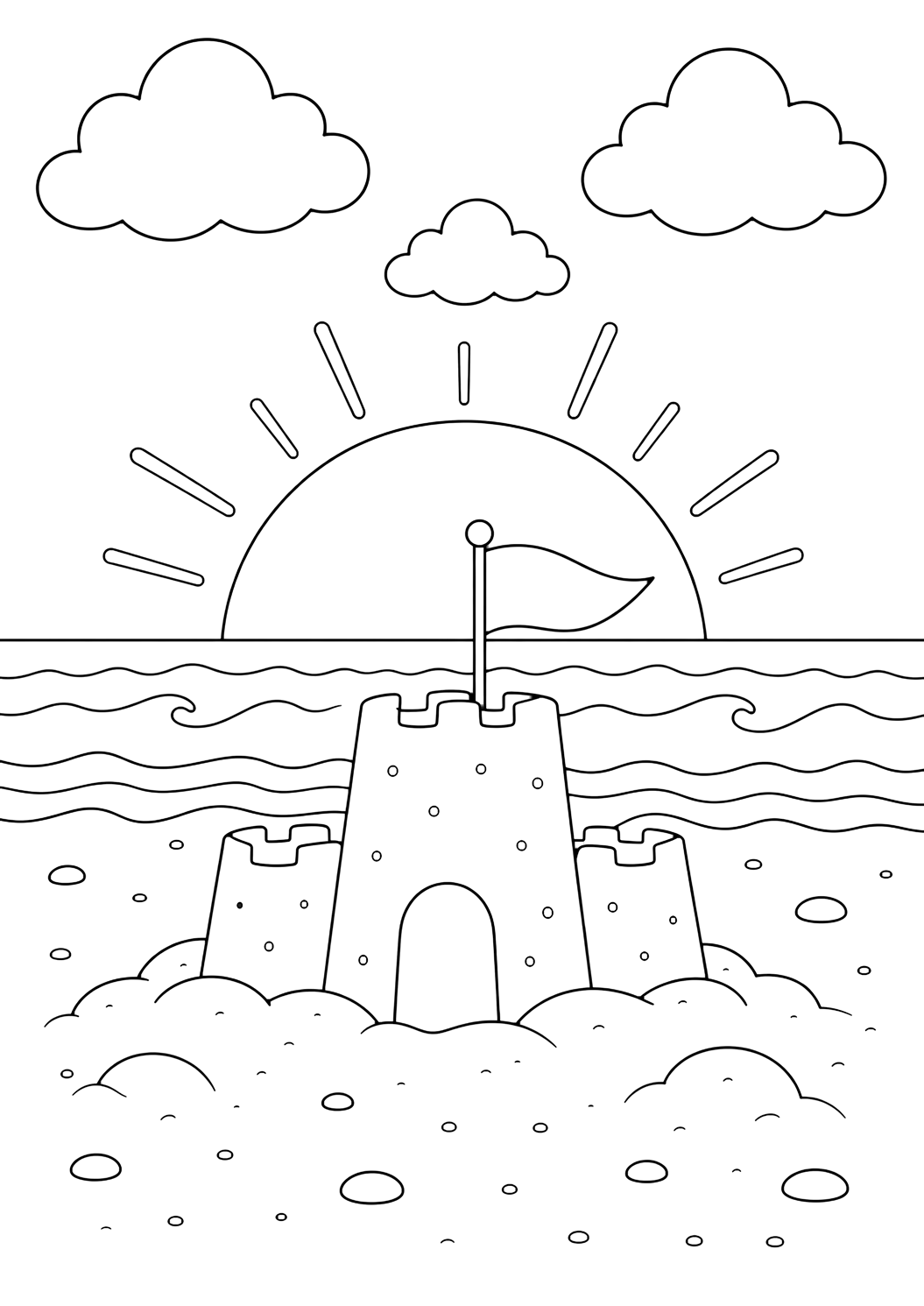 Sonnenuntergangsstrand-Ausmalbild mit eine kleine Sandburg auf glattem Strandsand bei Sonnenuntergang, mit großer Sonnenkontur am Meereshorizont, sanften Wellenlinien, einer kleinen leeren Fahne, runden Sandhügeln, breiten Wolken und offenem Himmel. Geeignet für Kinder, Meeresthemen, Ausdrucke und Online-Ausmalen.