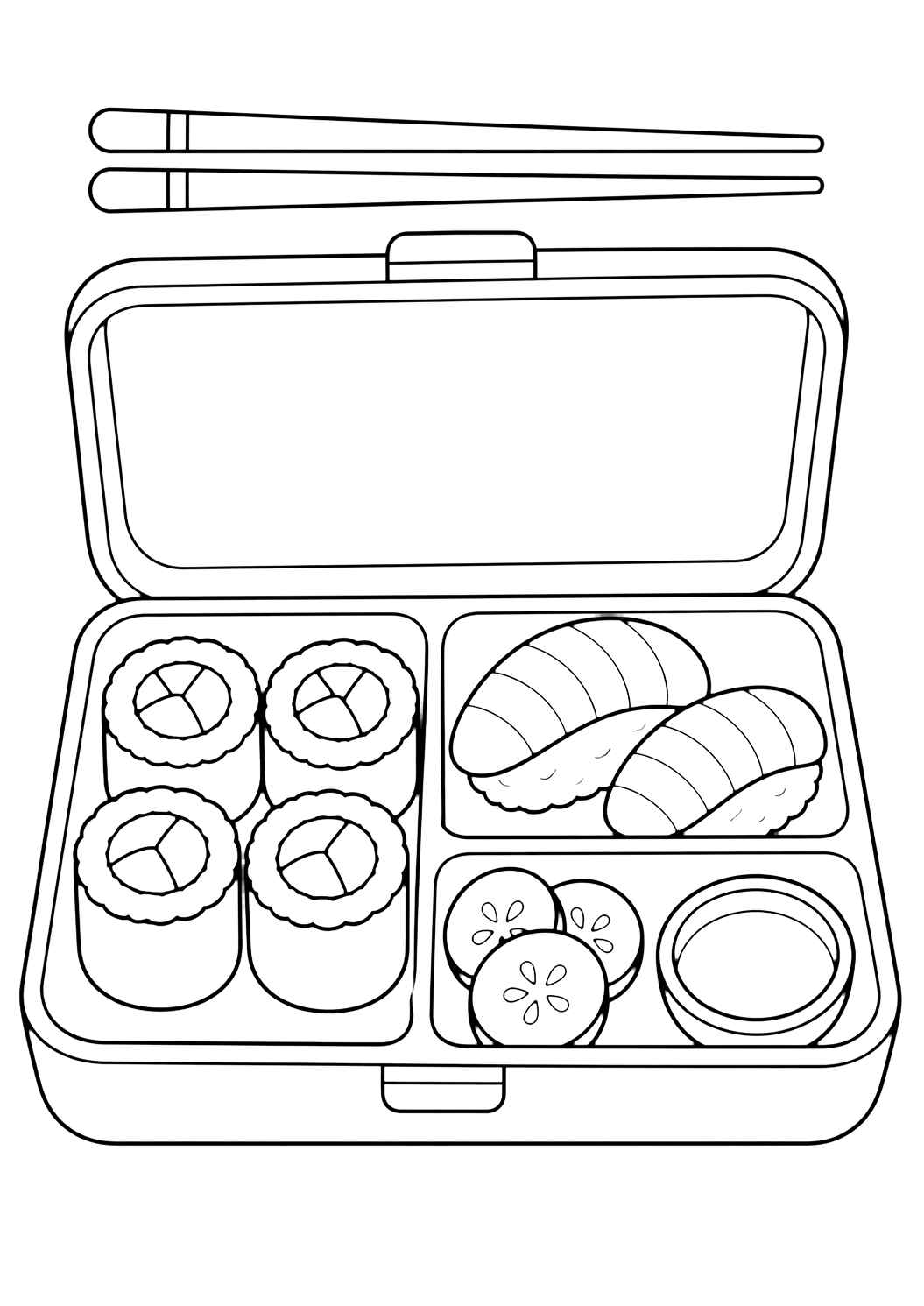 sushi bento box coloring page with simple sushi line art for kids