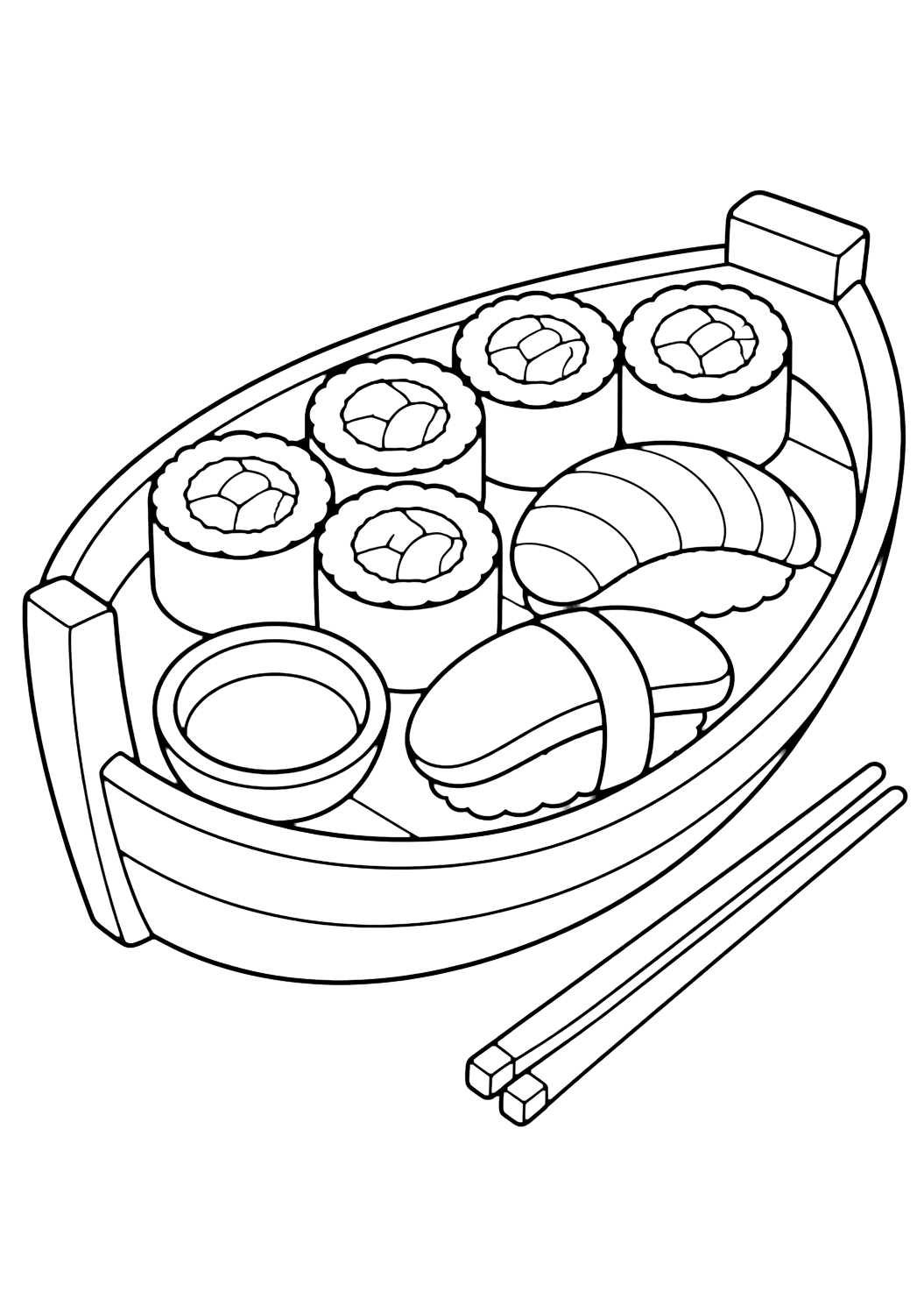 Disegno di cibo da colorare con un semplice vassoio a forma di barca con maki, due nigiri, una ciotolina di salsa vuota e bacchette accanto. Adatto a bambini, stampa e colorazione online.