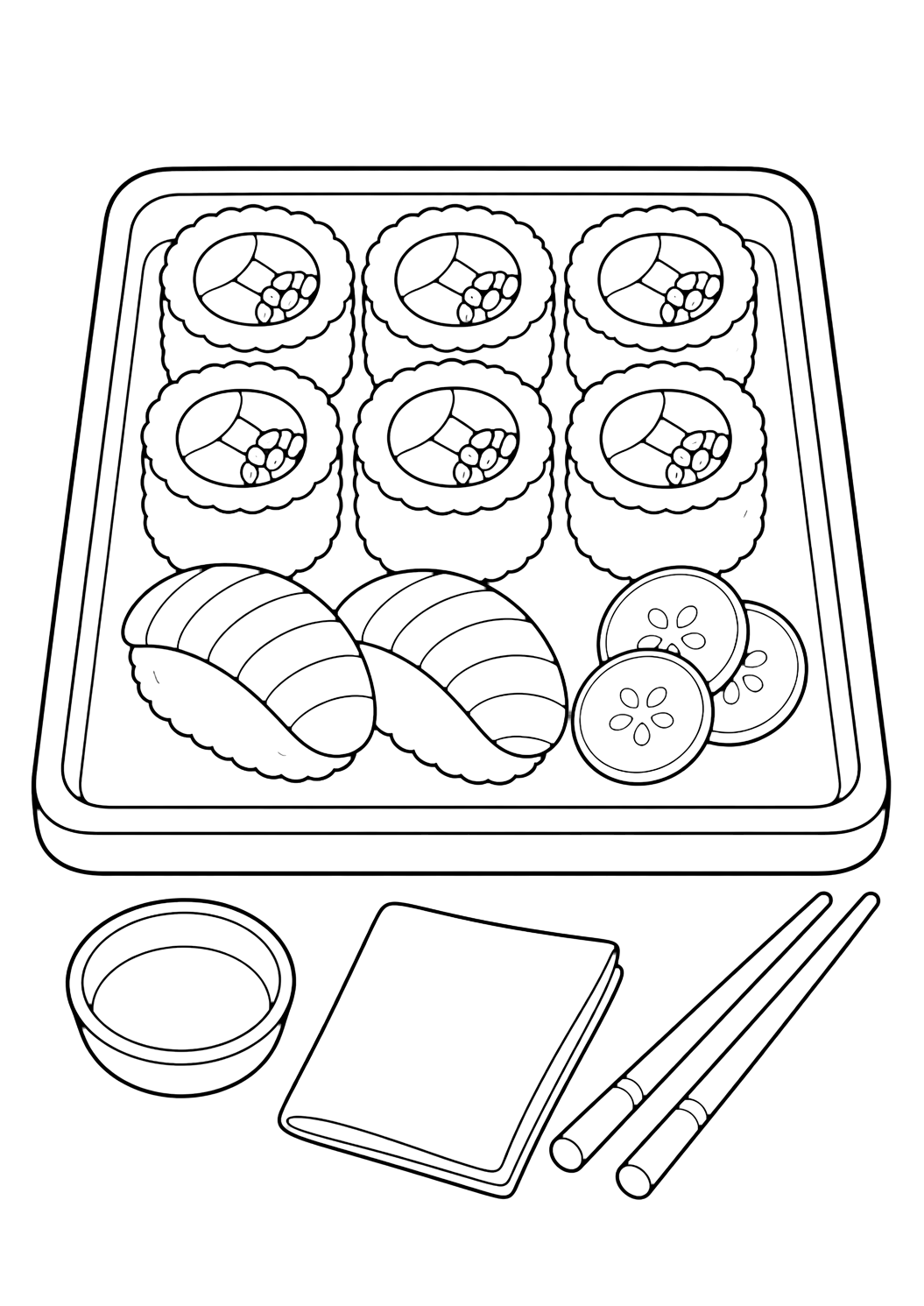altı suşi rulosu, iki nigiri parçası, salatalık dilimleri, boş sos kabı, katlanmış peçete ve yemek çubukları olan düzenli dikdörtgen piknik tepsisi içeren yemek boyama sayfası. Çocuklar, yazdırma ve çevrim içi boyama için uygundur.