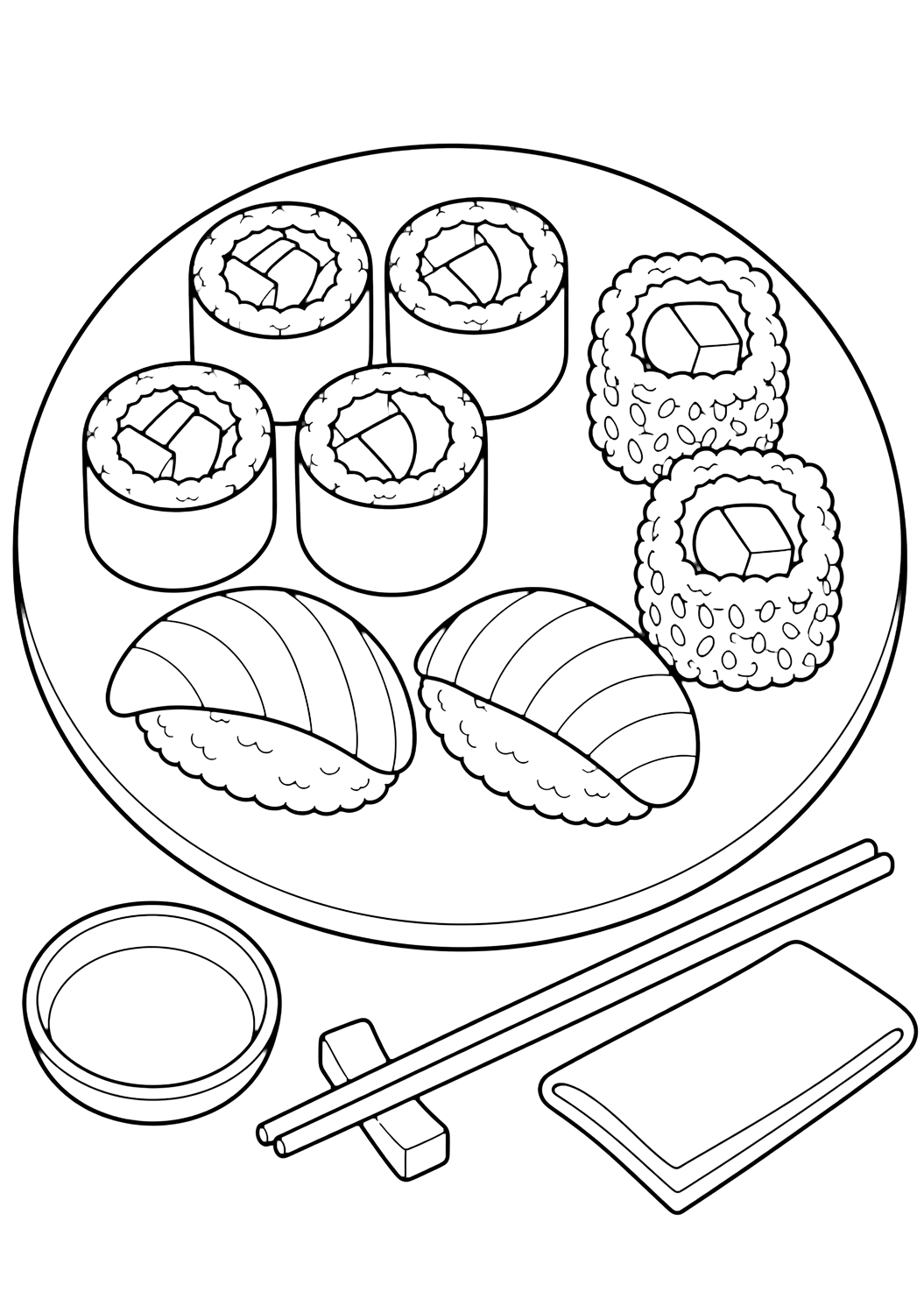 maki ruloları, iki nigiri, boş soya sosu kasesi, yemek çubukları ve katlanmış boş peçete olan büyük suşi tabağı içeren yemek boyama sayfası. Çocuklar, yazdırma ve çevrim içi boyama için uygundur.