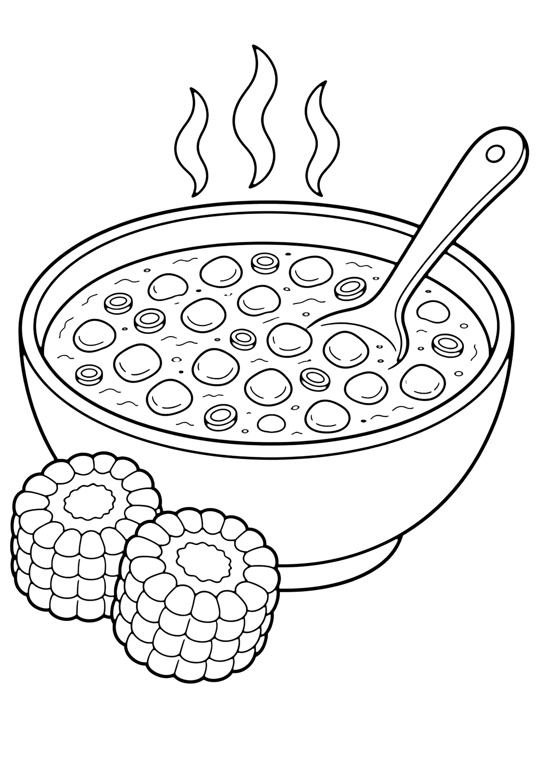 Página de sopa para colorear con un cuenco de sopa de maíz con granos de maíz, una cuchara, dos mazorcas junto al cuenco y líneas altas de vapor. Ideal para niños, imprimir y colorear online.