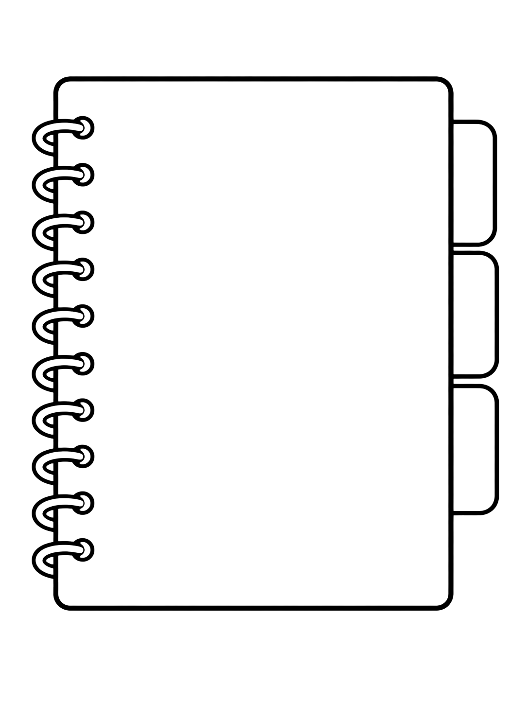 Dibujo para colorear con el motivo «cuaderno con separadores» con un cuaderno claro, formas escolares grandes y mucho espacio libre. Ideal para niños, actividades escolares, impresión y coloreado online.