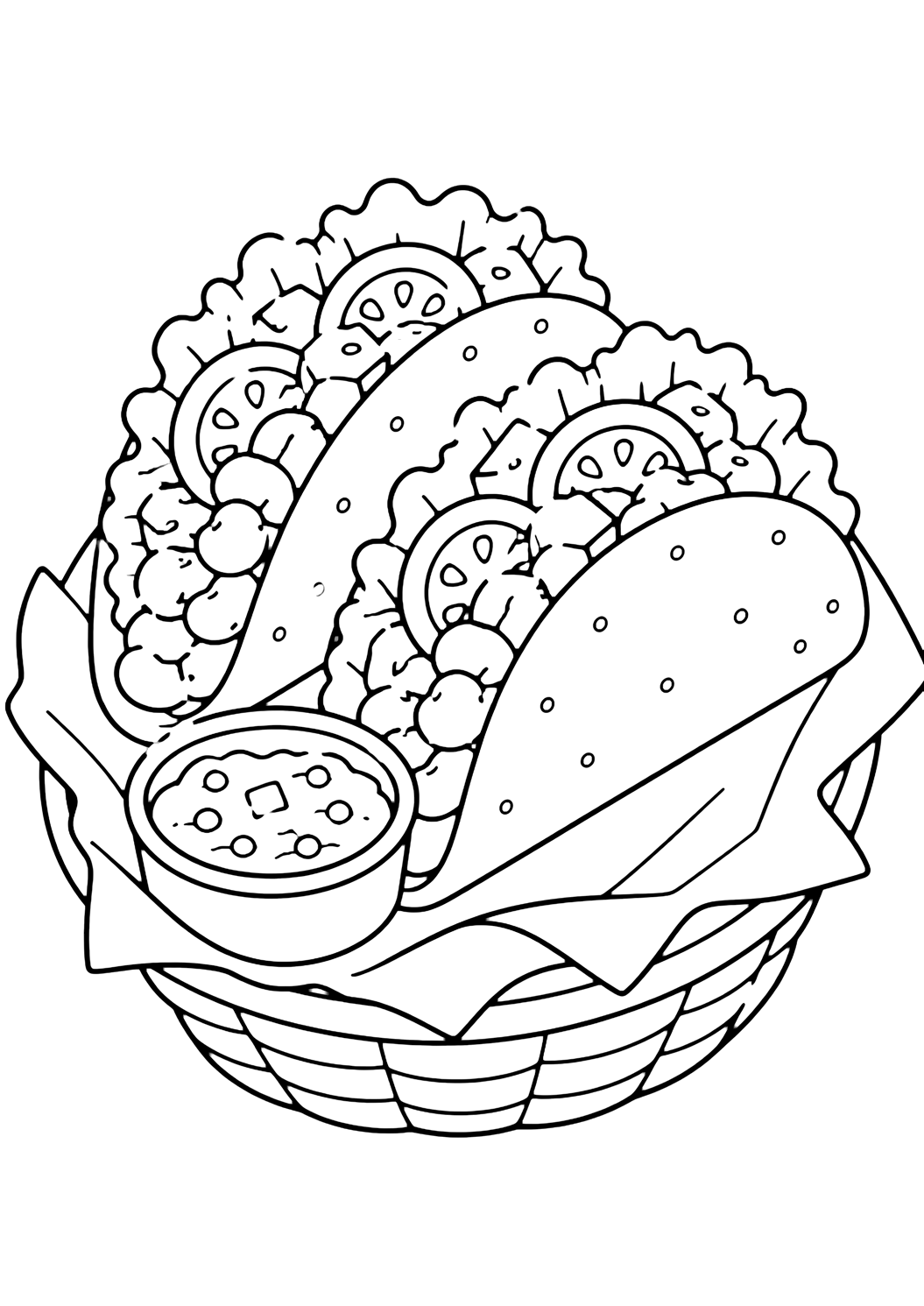 Coloriage de tacos avec deux tacos pliés dans un panier simple avec papier, laitue, rondelles de tomate, cubes de fromage, haricots et petite coupelle de sauce. Idéal pour enfants, impression et coloriage en ligne.