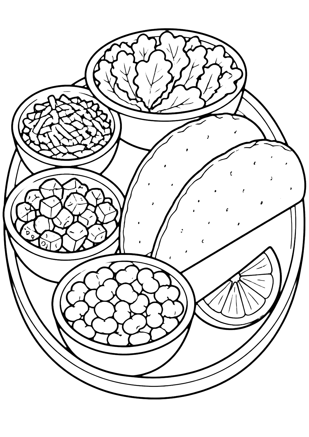 taco ingredients tray coloring page with simple taco line art for kids