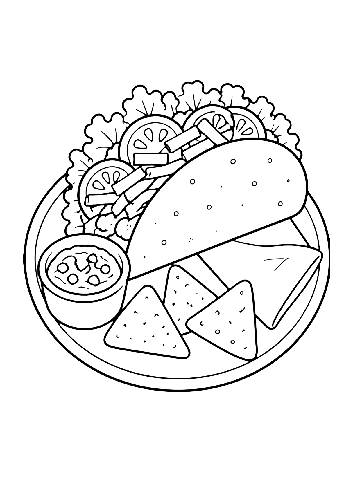 büyük katlanmış taco, salsa kabı, üç tortilla cipsi, marul, domates dilimleri, peynir şeritleri ve sade peçete bulunan bir taco öğle yemeği tabağı içeren taco boyama sayfası. Çocuklar, yazdırma ve çevrim içi boyama için uygundur.