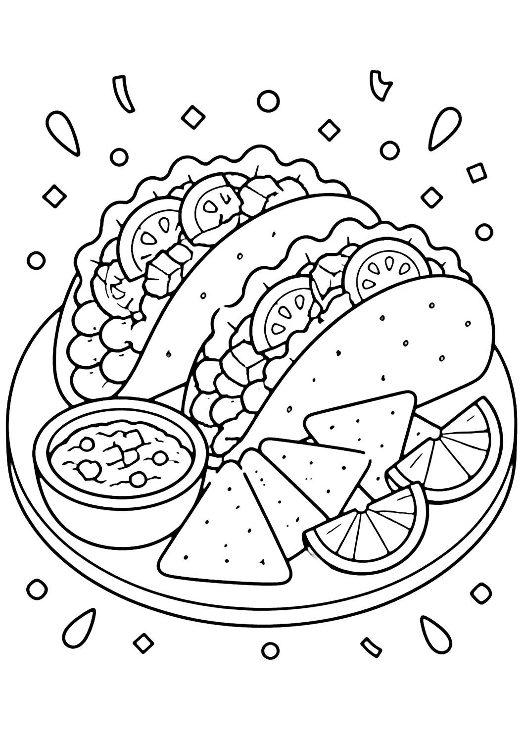 iki katlanmış taco, salsa kasesi, büyük tortilla cipsleri, lime dilimleri ve sade konfeti şekilleri olan bir taco partisi tabağı içeren taco boyama sayfası. Çocuklar, yazdırma ve çevrim içi boyama için uygundur.