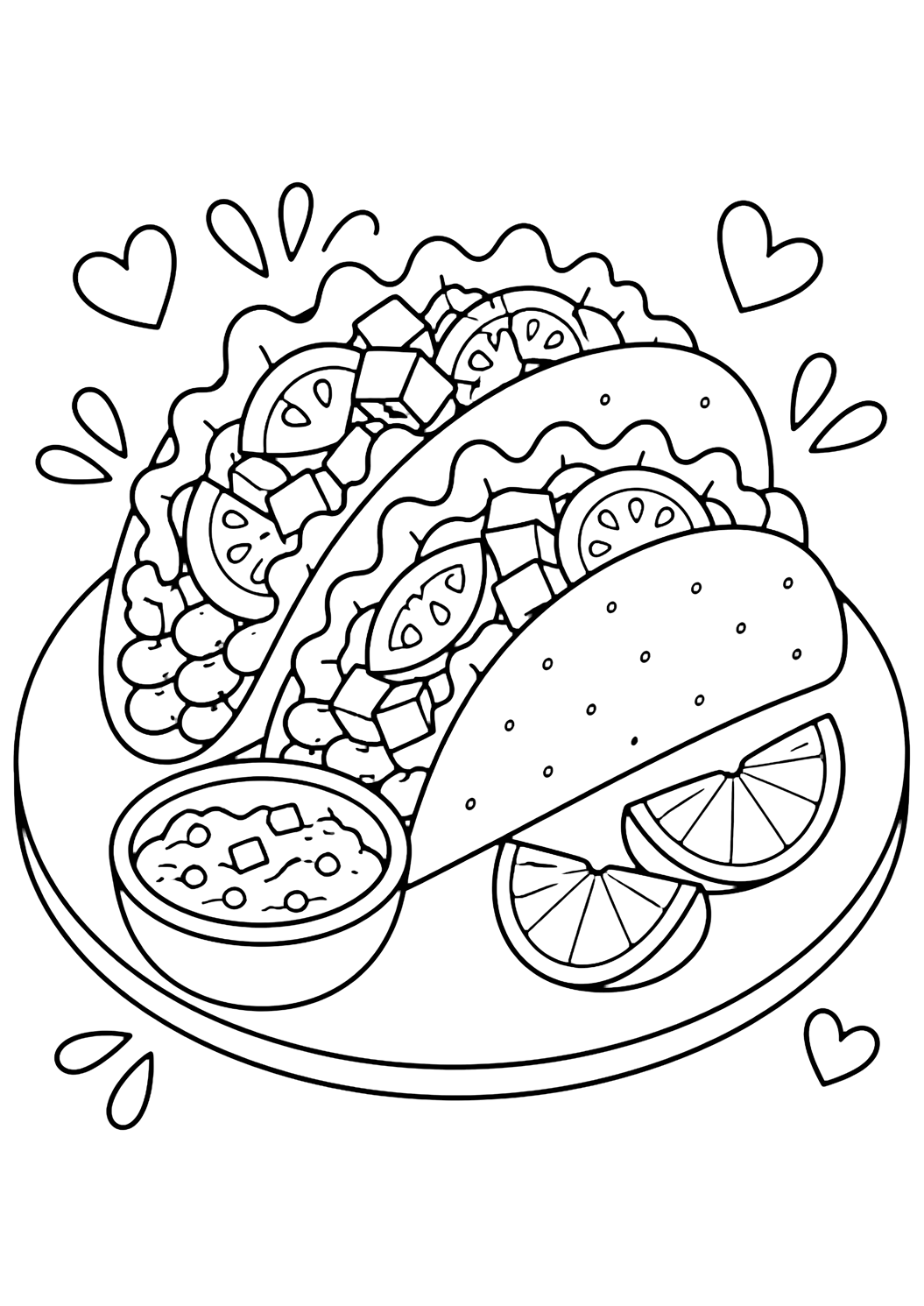 taco plate coloring page with simple food line art for kids