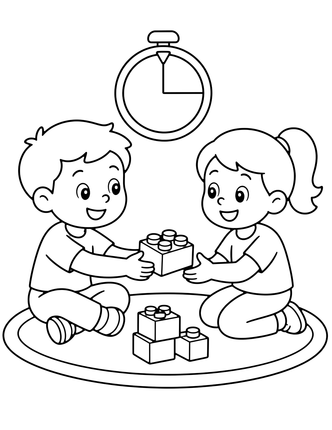 take turns classroom rule coloring page with two children sitting on a rug and passing one large building block, with a simple timer shape nearby for kids