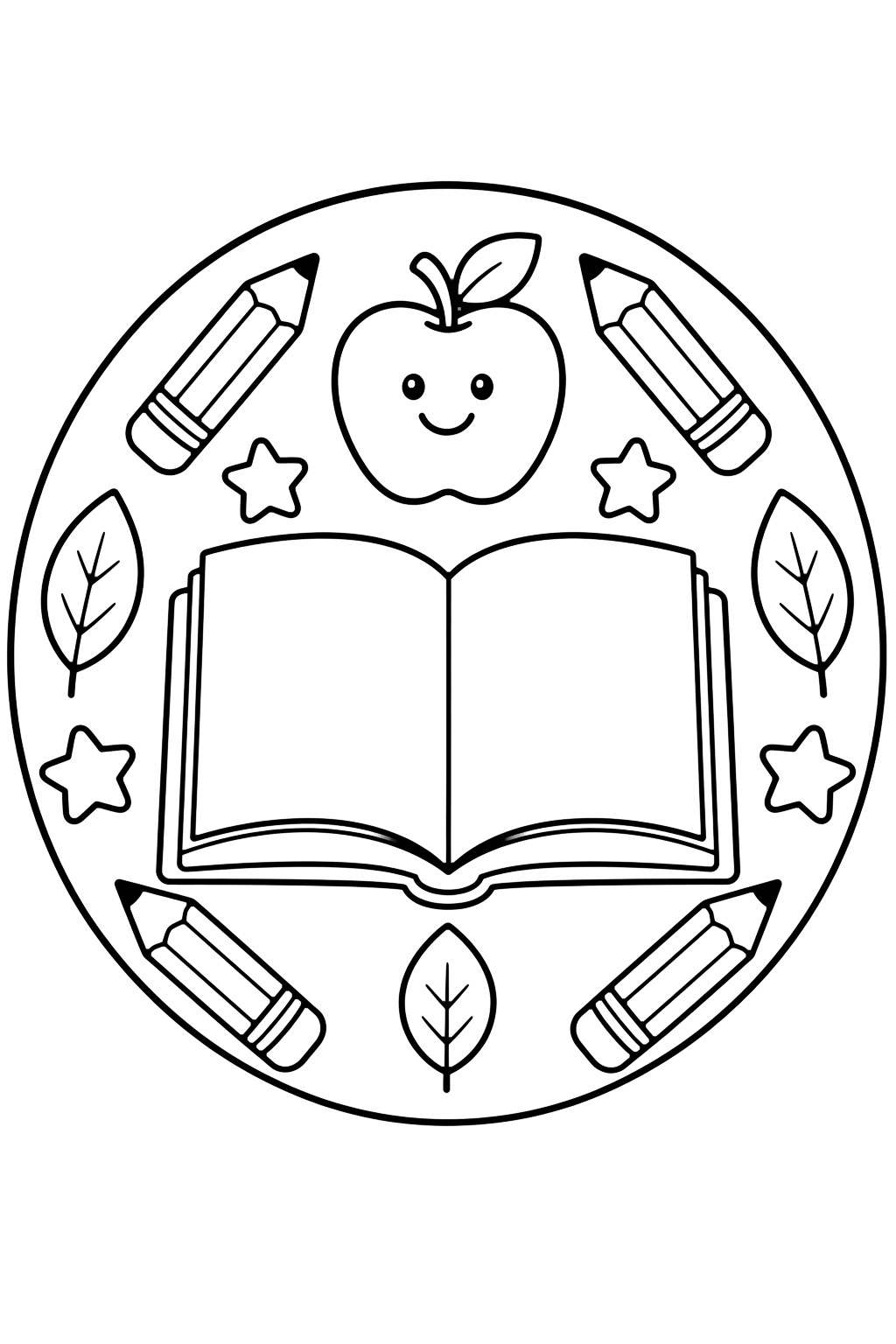 Картинка за оцветяване с проста кръгла мандала с голяма отворена празна книга и усмихната ябълка в центъра, с моливи, листа и звезди наоколо. Подходяща за деца, училищни занимания, принтиране и онлайн оцветяване.