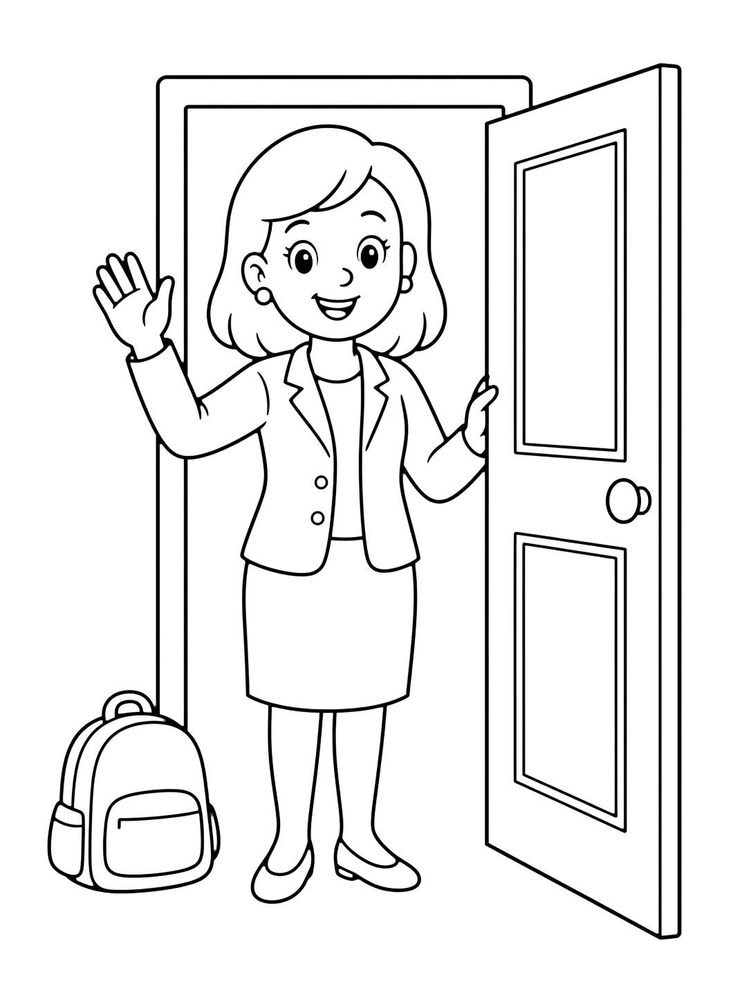 Ausmalbild mit eine fröhliche Lehrkraft, die neben einer offenen Klassenzimmertür winkt, mit kleinem Rucksack auf dem Boden. Geeignet für Kinder, Schulstart, Ausdrucke und Online-Ausmalen.