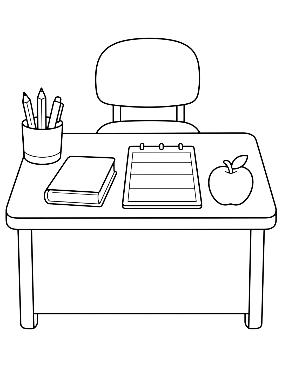 Coloriage avec un bureau de maîtresse bien rangé avec pot à crayons, livre fermé, petite pomme, agenda vide et chaise. Idéal pour enfants, rentrée scolaire, impression et coloriage en ligne.