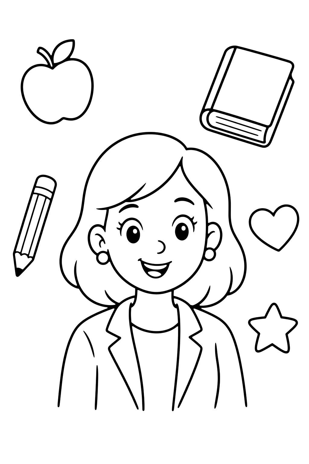 Картинка за оцветяване с усмихнат портрет на учител с пет големи doodle елемента: ябълка, книга, молив, сърце и звезда. Подходяща за деца, училищни занимания, принтиране и онлайн оцветяване.